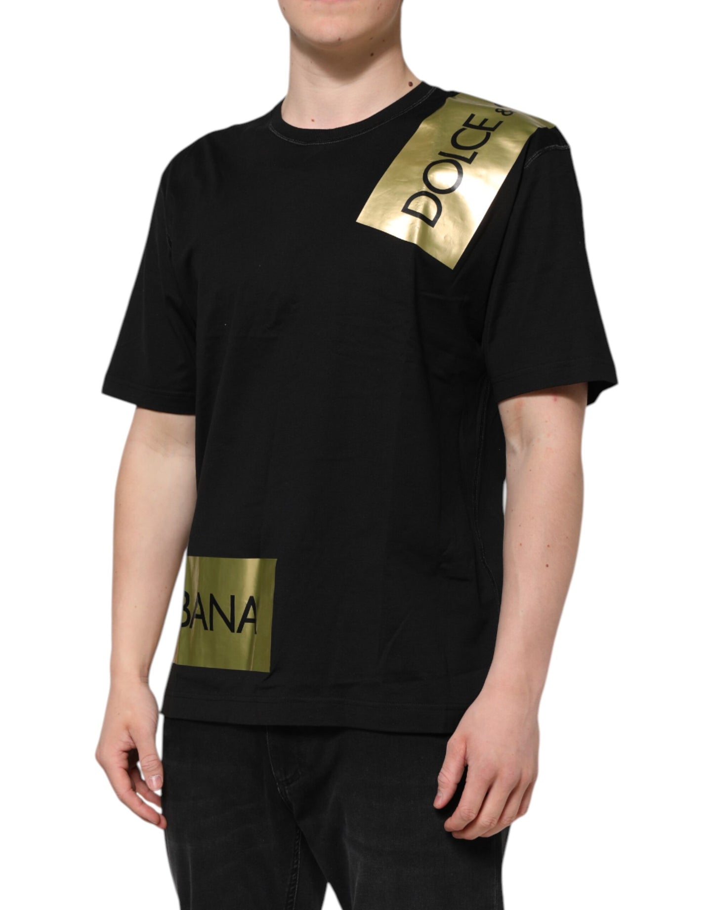 T-shirt ras du cou en coton noir avec bande logo Dolce & Gabbana pour homme