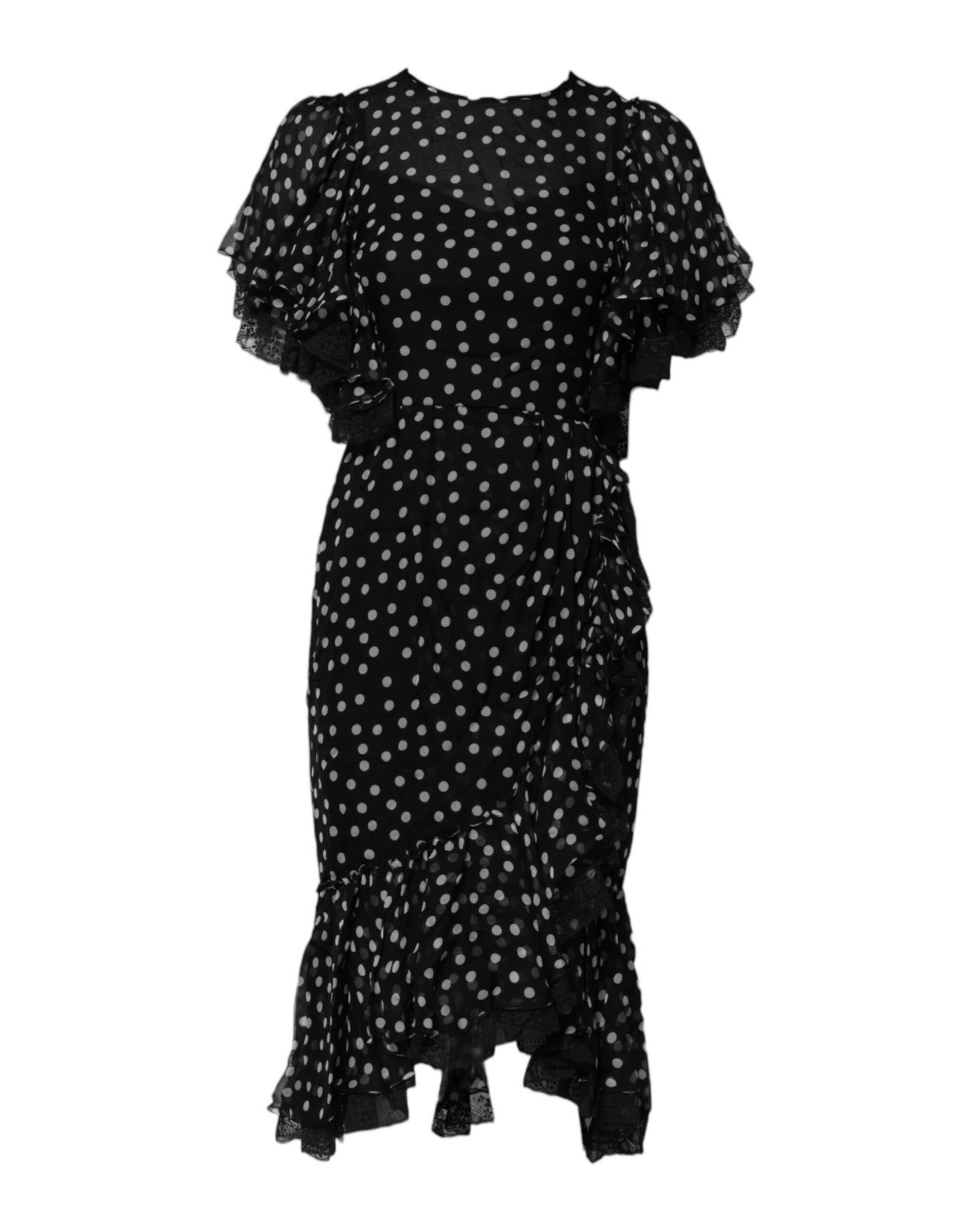 Robe en mousseline de soie à pois et dentelle noire et blanche Dolce & Gabbana