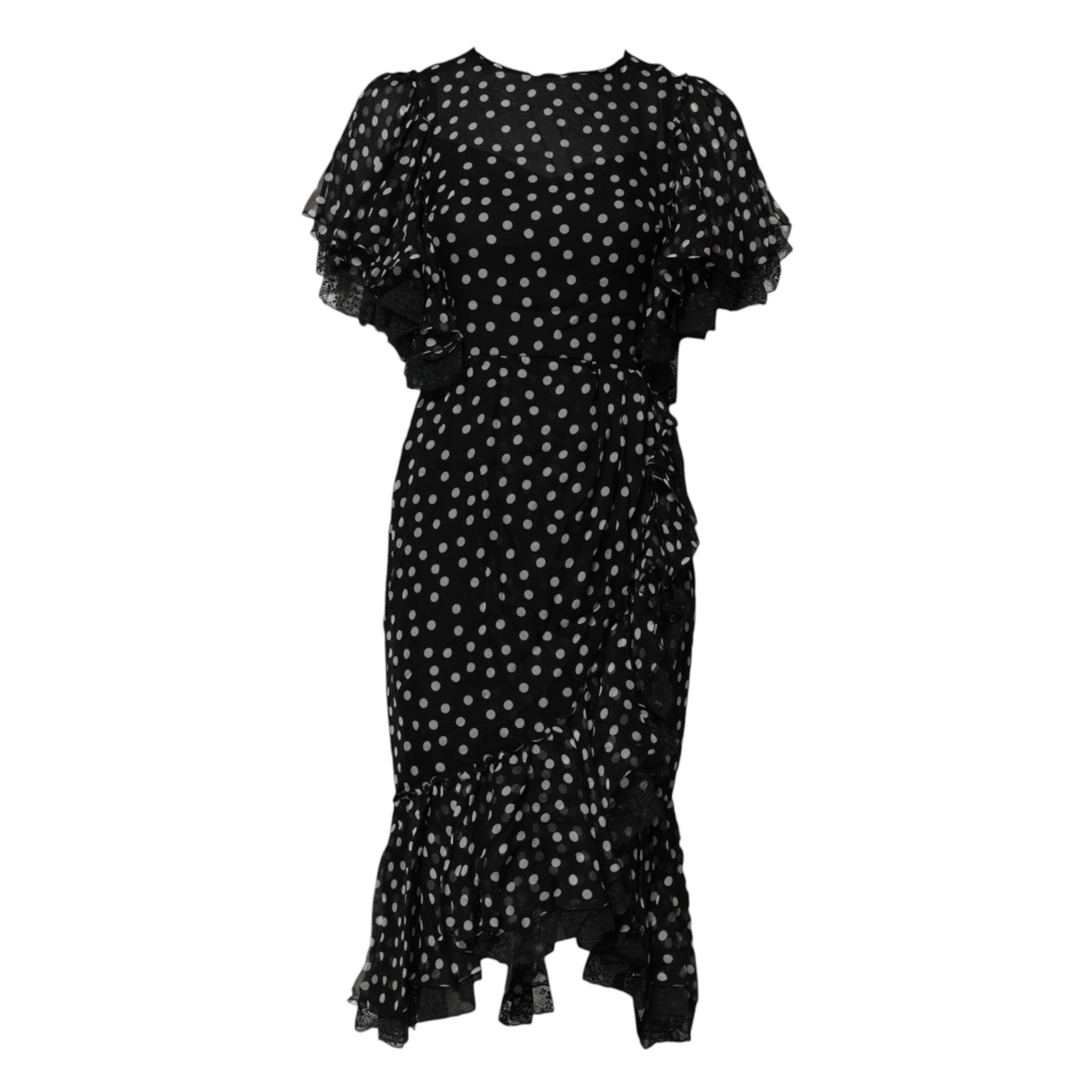 Robe en mousseline de soie à pois et dentelle noire et blanche Dolce & Gabbana