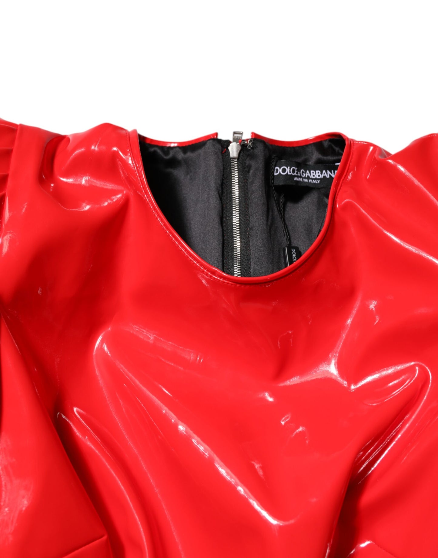 Mini-robe à manches bouffantes en cuir verni rouge Dolce & Gabbana