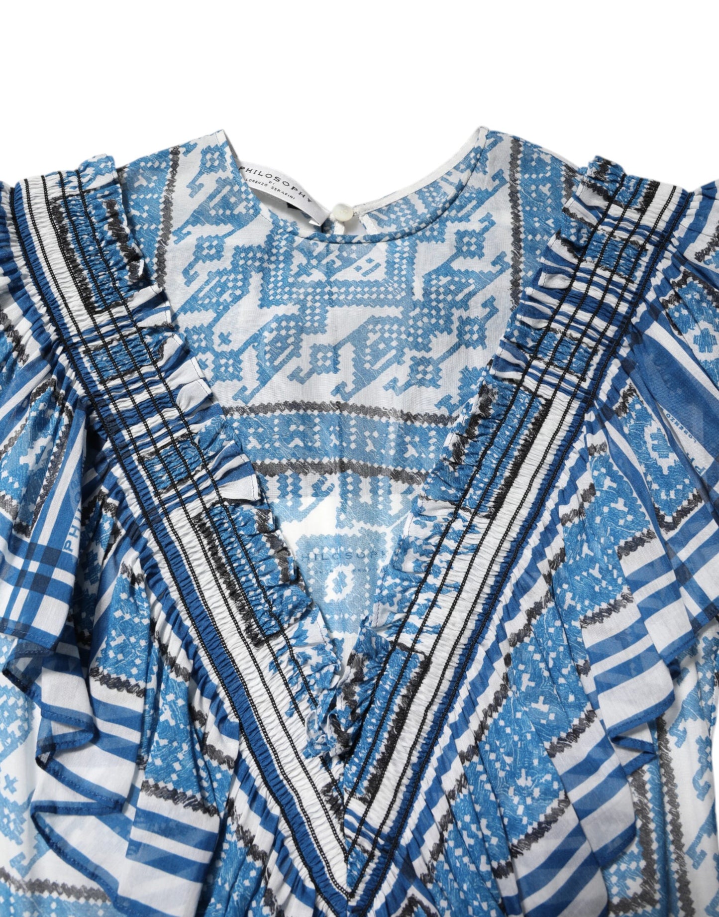 Robe courte à manches courtes et motifs superposés bleus Philosophy di Lorenzo Serafini