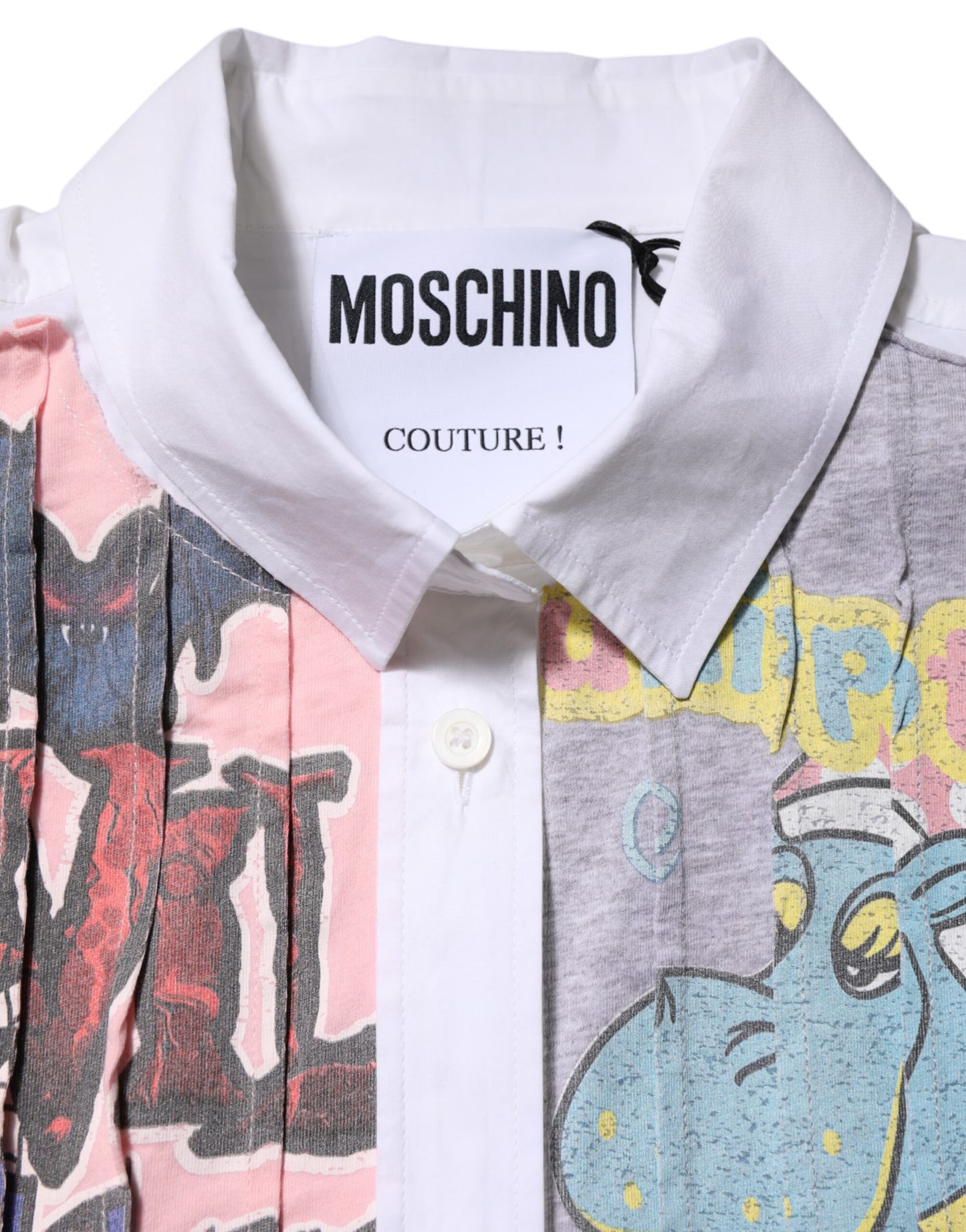 Robe chemise courte blanche à col imprimé et boutons Moschino Couture