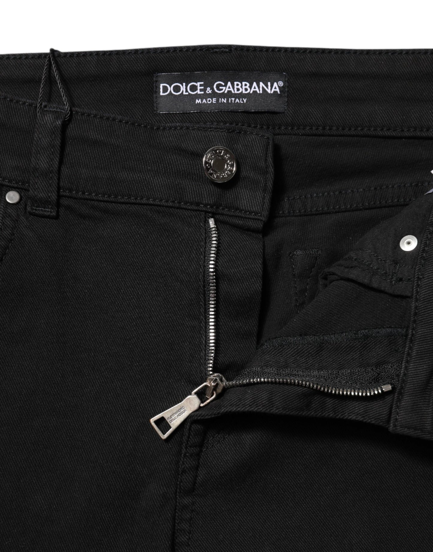 Dolce & Gabbana Black Cotton Logo Skinny Mid Waist Denim Jeans by Dolce & Gabbana
