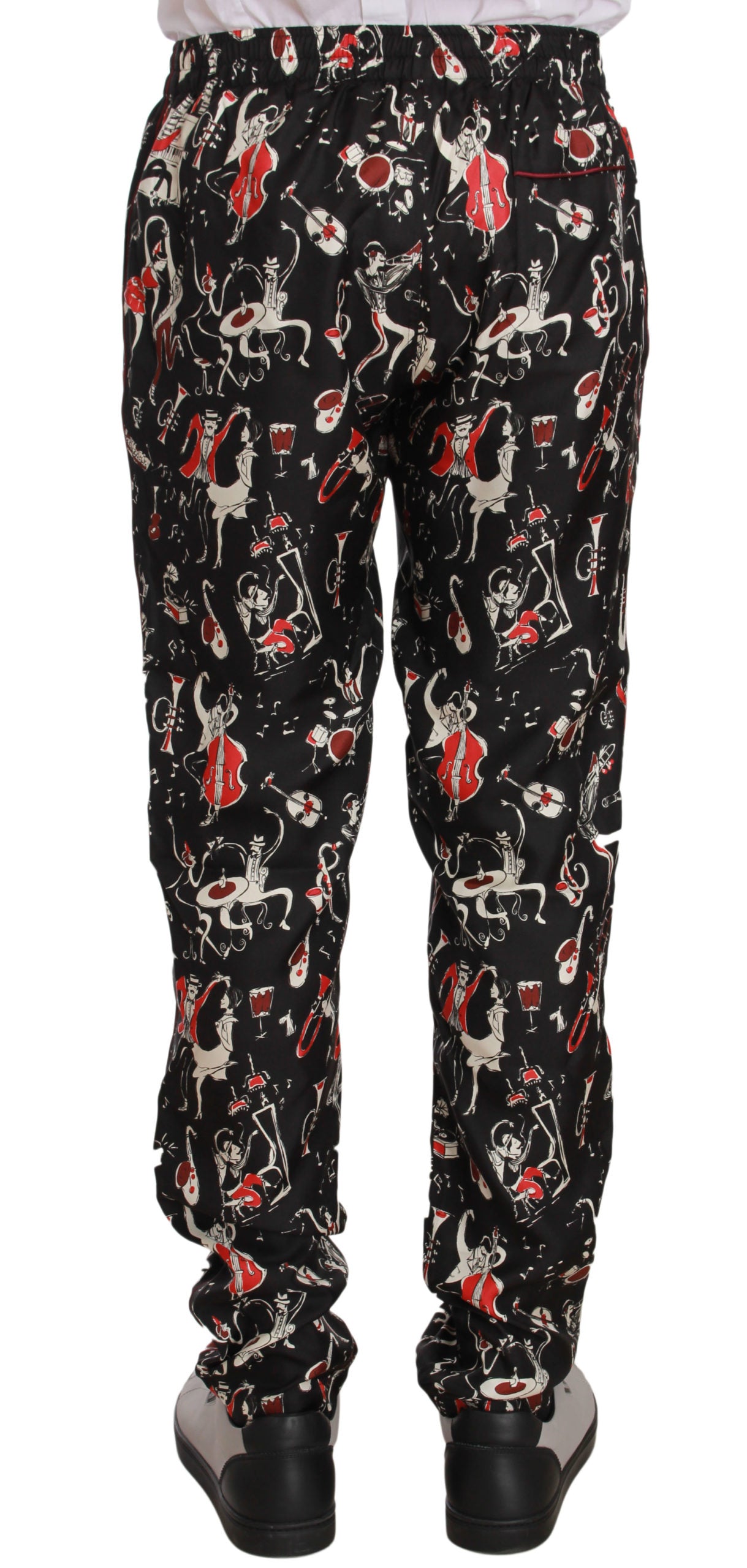 Pantalon de survêtement élégant en soie noire à imprimé rouge Dolce & Gabbana