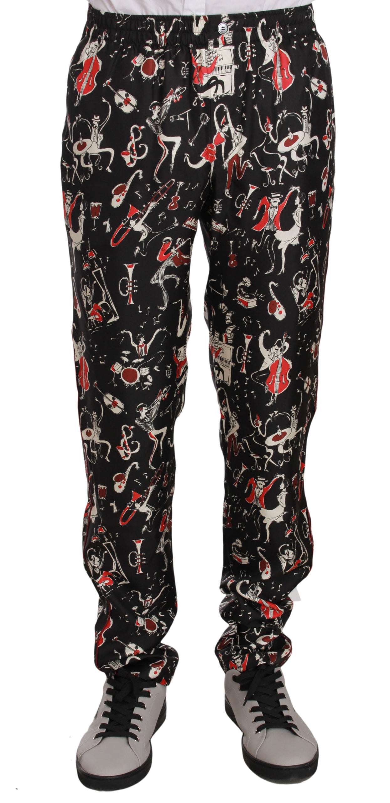 Pantalon de survêtement élégant en soie noire à imprimé rouge Dolce & Gabbana