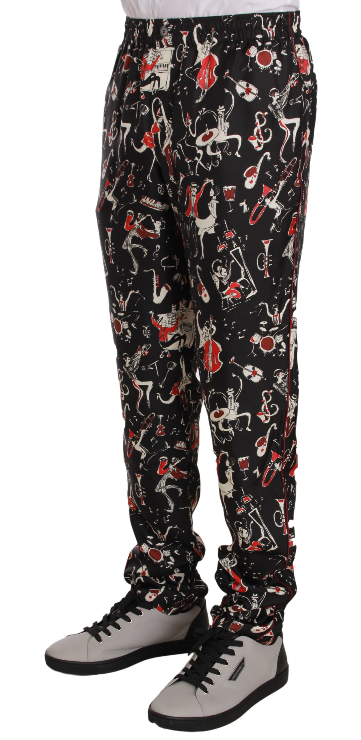 Pantalon de survêtement élégant en soie noire à imprimé rouge Dolce & Gabbana