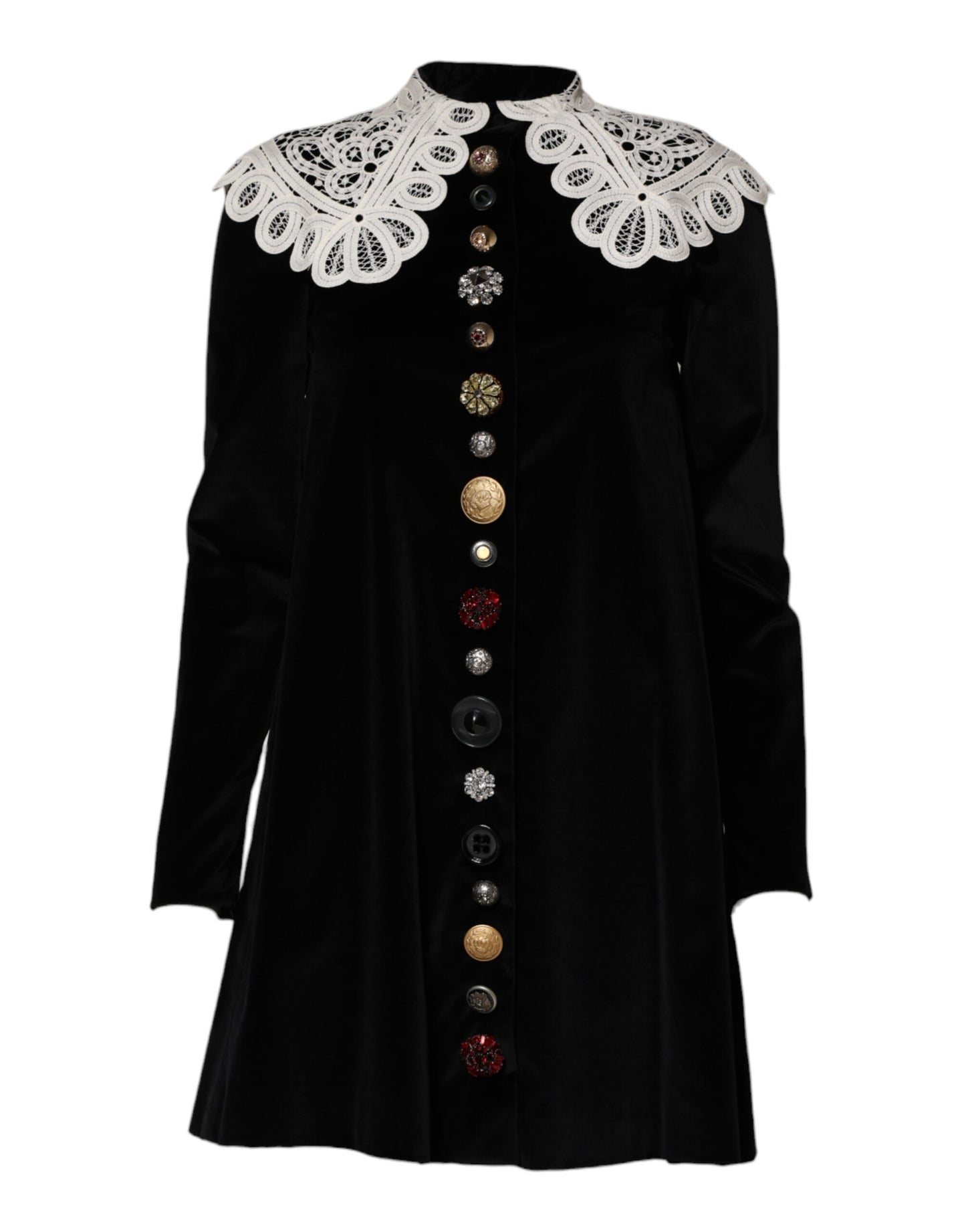 Robe en velours noir à col en dentelle et ornements Dolce & Gabbana
