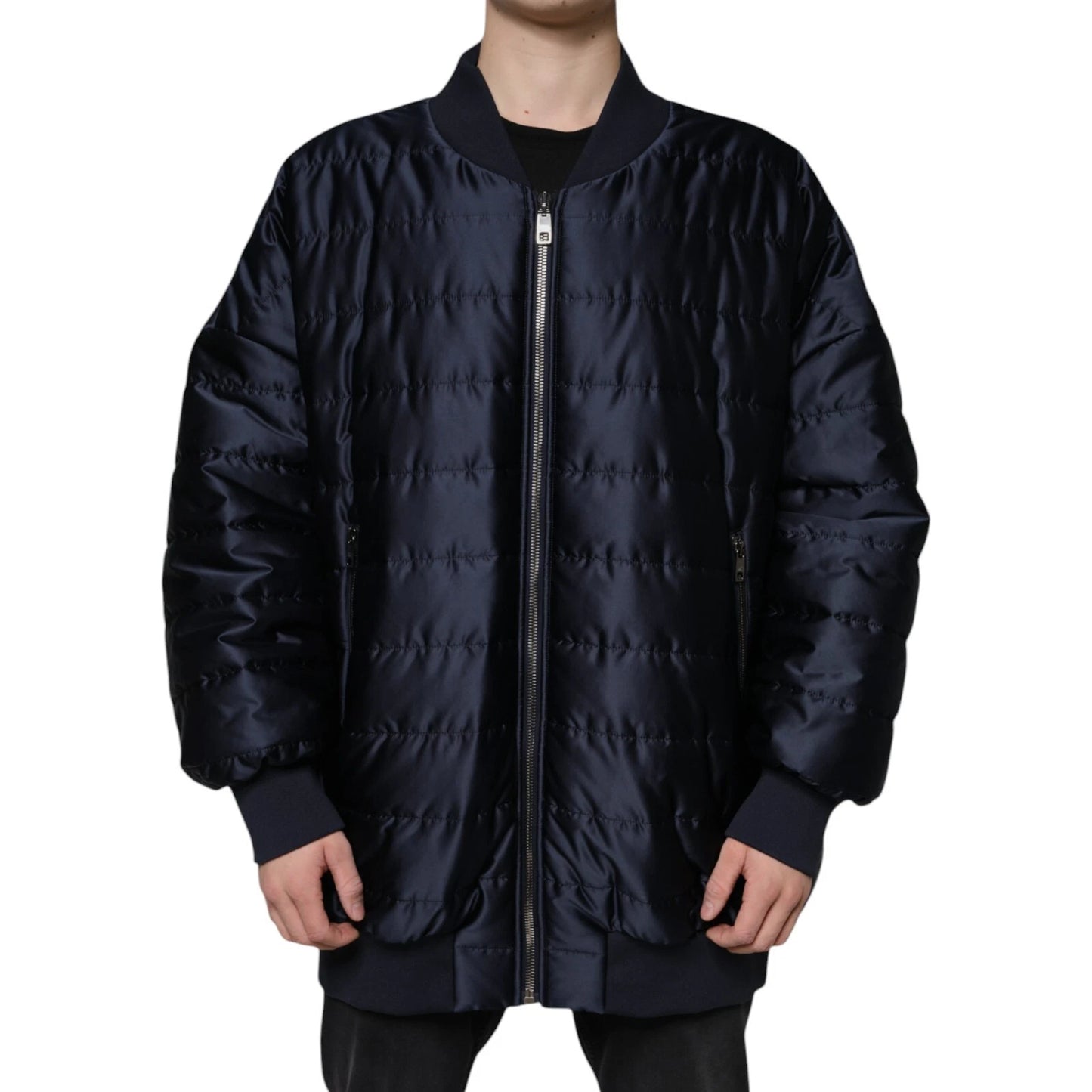 Dolce & Gabbana - Blouson aviateur matelassé bleu foncé à fermeture éclair intégrale