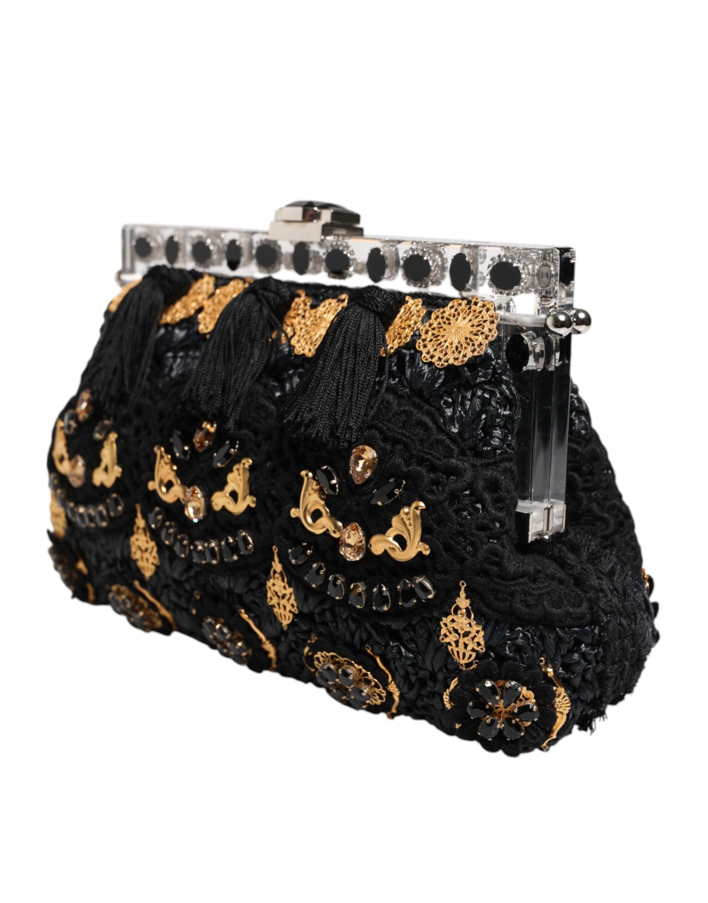 Pochette de soirée Dolce & Gabbana à pampilles noires et cristaux baroques dorés
