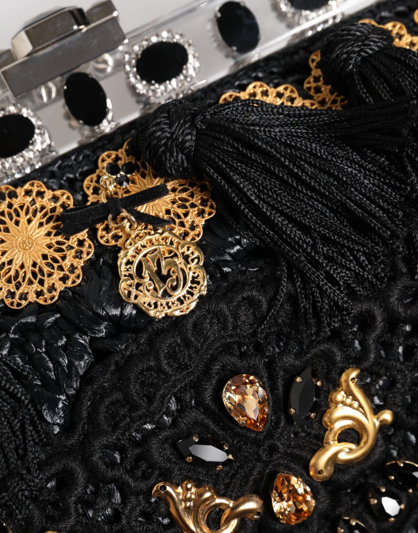 Pochette de soirée Dolce & Gabbana à pampilles noires et cristaux baroques dorés