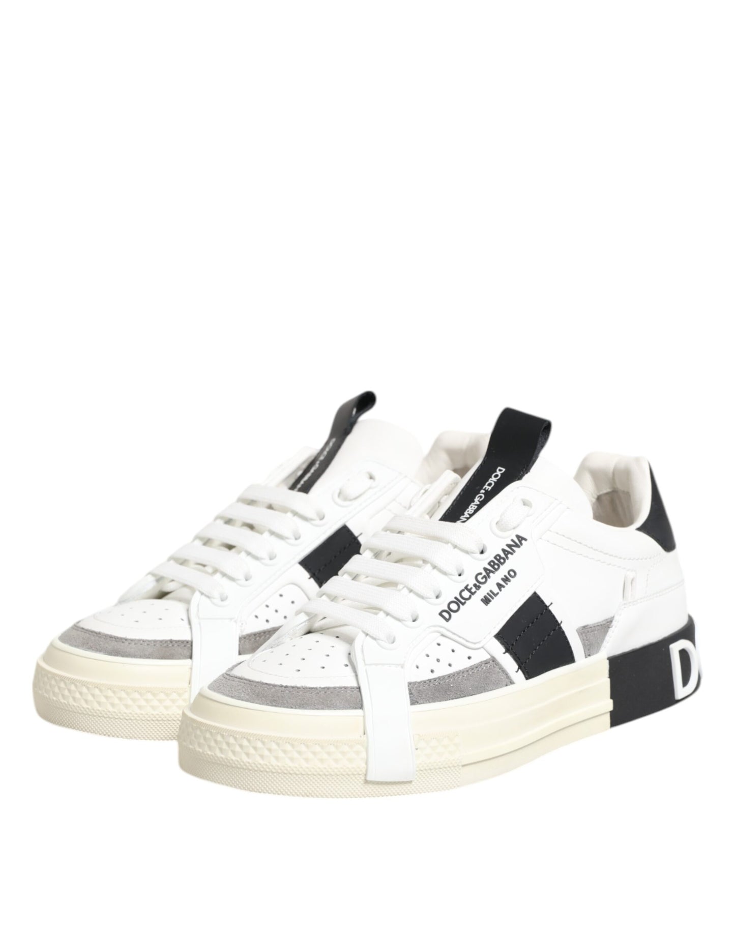 Dolce & Gabbana White Black Leather Low Top Sneakers Shoes by Dolce & Gabbana