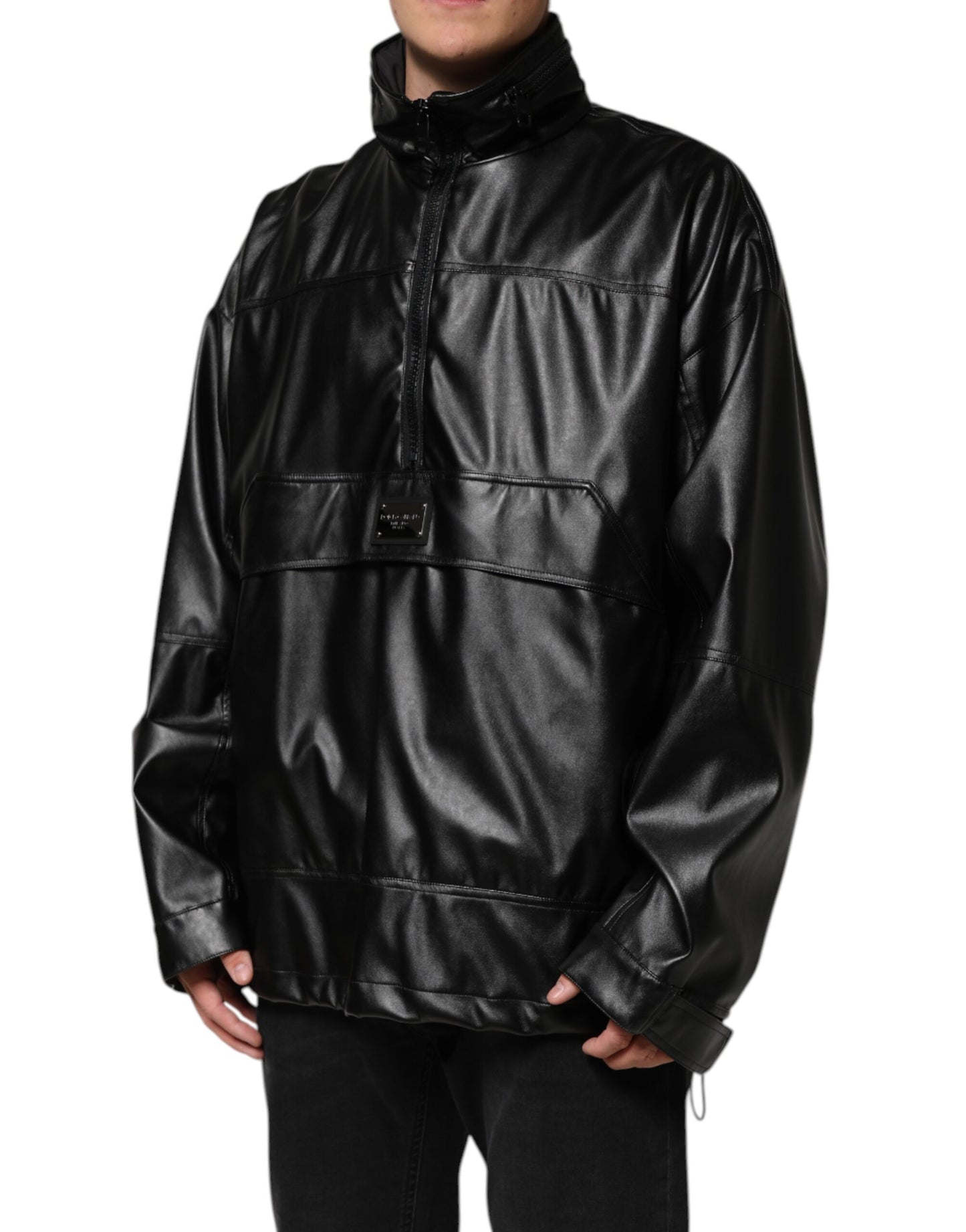 Dolce & Gabbana Black Polyester Logo Plaque Bomber Jacket by Dolce & Gabbana