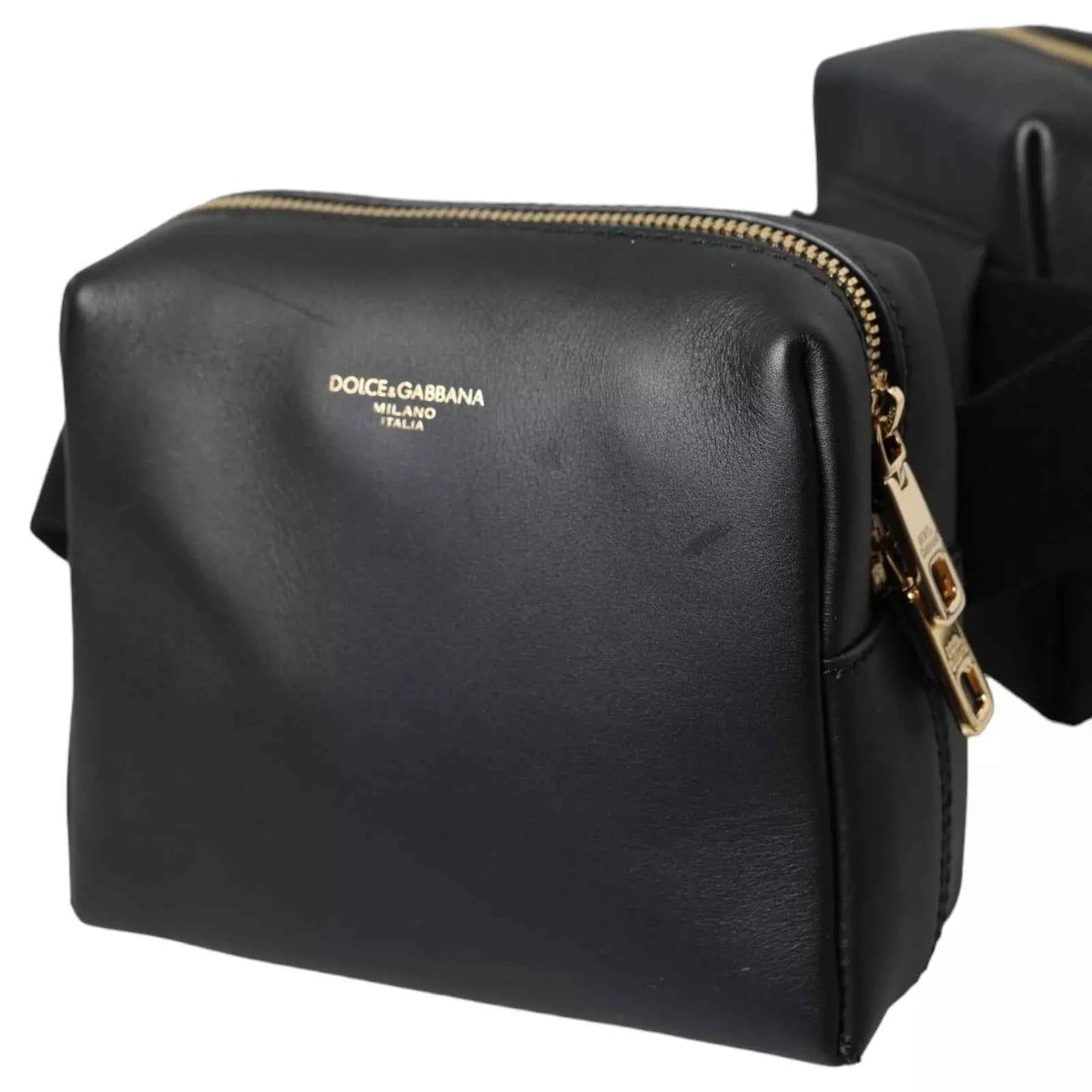 Dolce & Gabbana Black Calfskin Leather Double Waist Belt Fanny Pack Bag