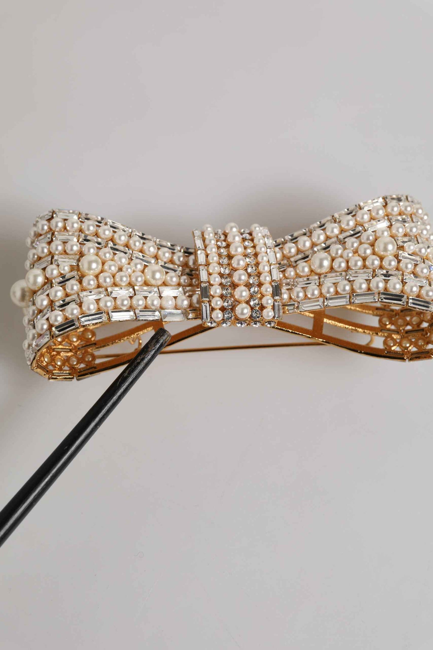 Dolce & Gabbana Gold Tone Brass Bow Crystal FauxPearl Embellished Brooch
