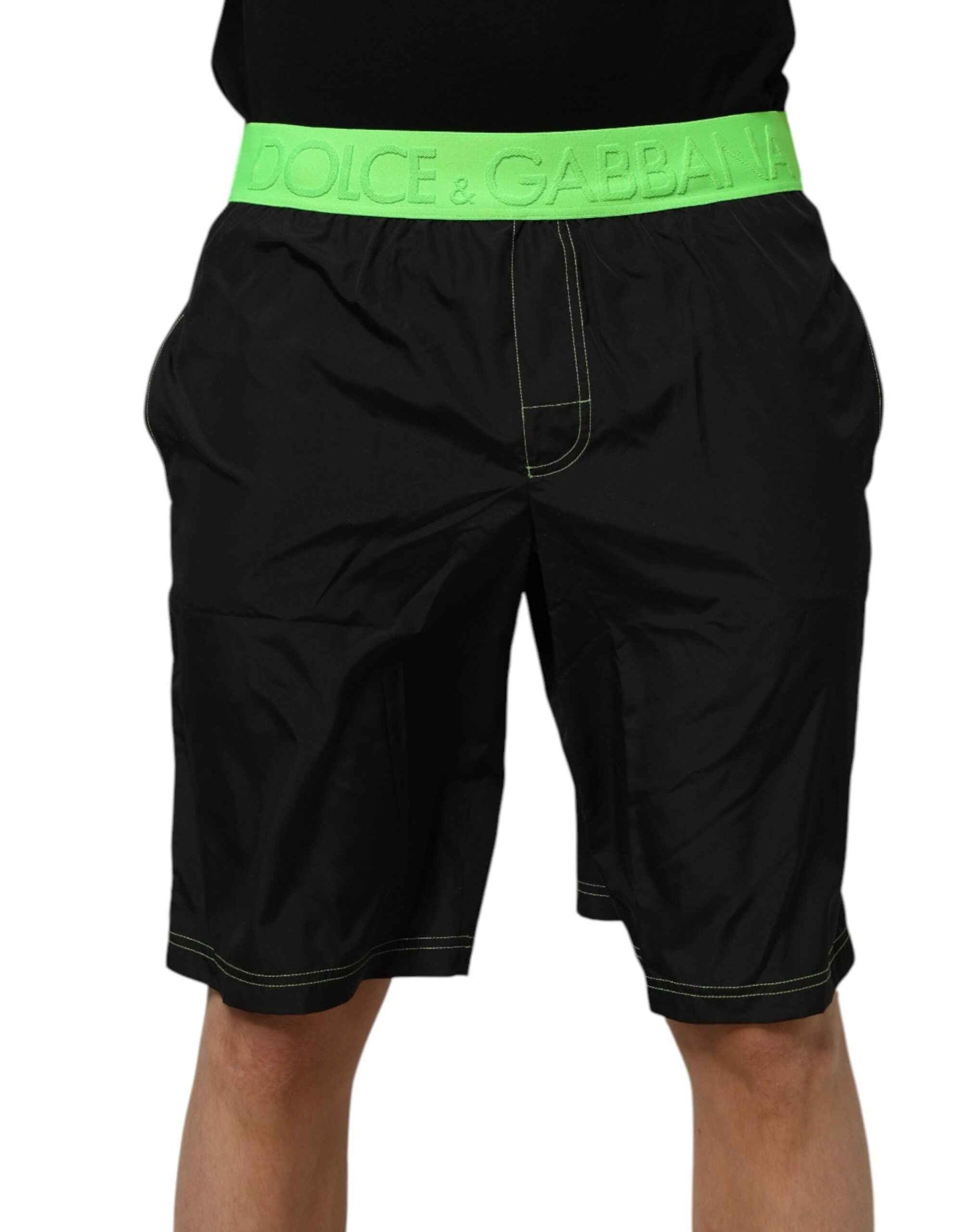 Dolce & Gabbana Black Green Logo Waistband Beachwear Short Swimwear by Dolce & Gabbana