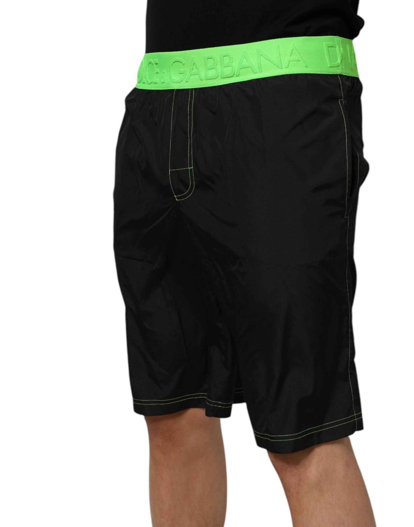 Dolce & Gabbana Black Green Logo Waistband Beachwear Short Swimwear by Dolce & Gabbana