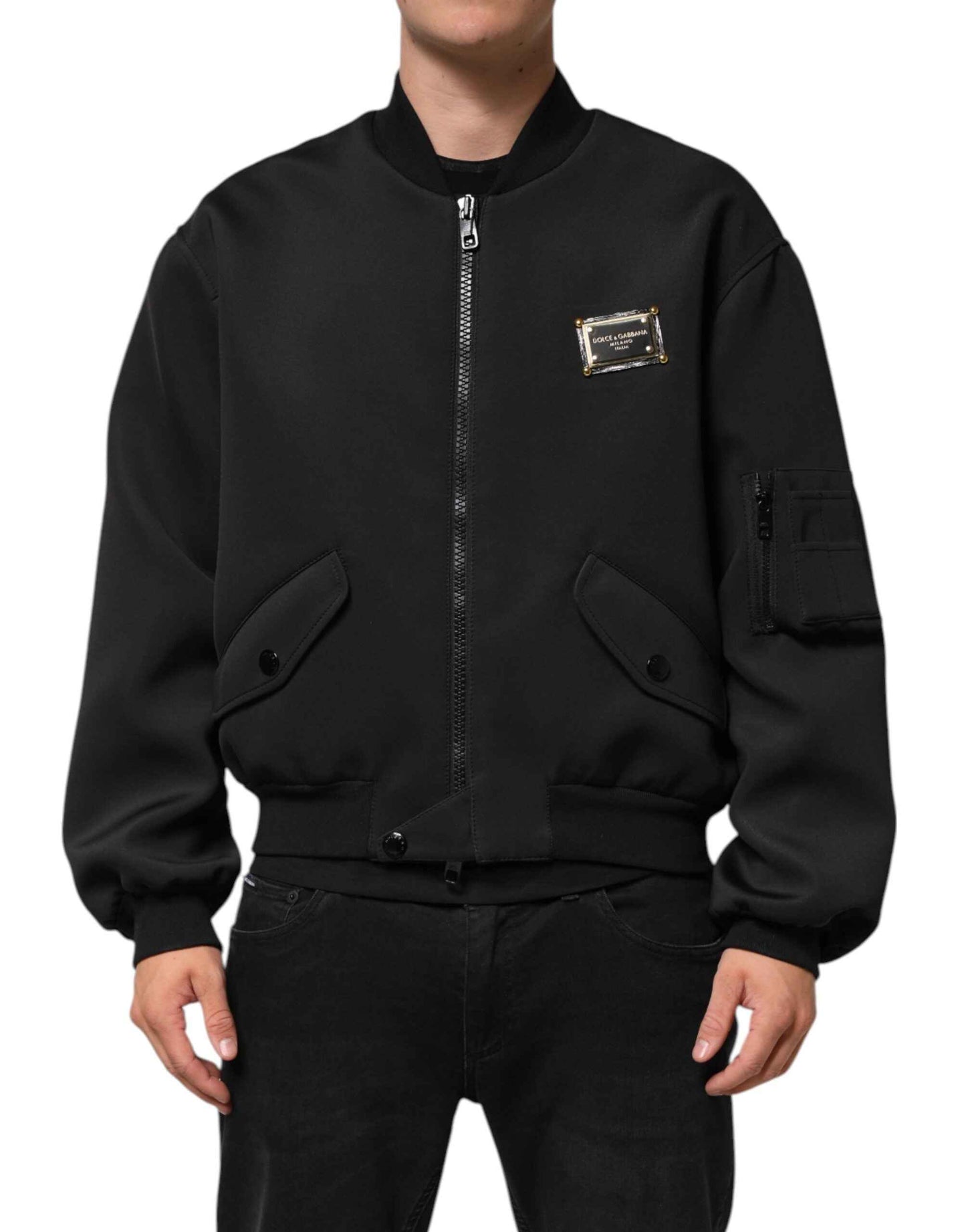 Dolce & Gabbana Black Polyester Logo Plaque Bomber Jacket by Dolce & Gabbana