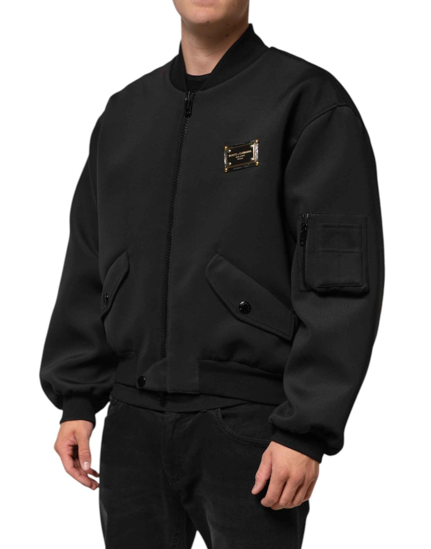 Dolce & Gabbana Black Polyester Logo Plaque Bomber Jacket by Dolce & Gabbana