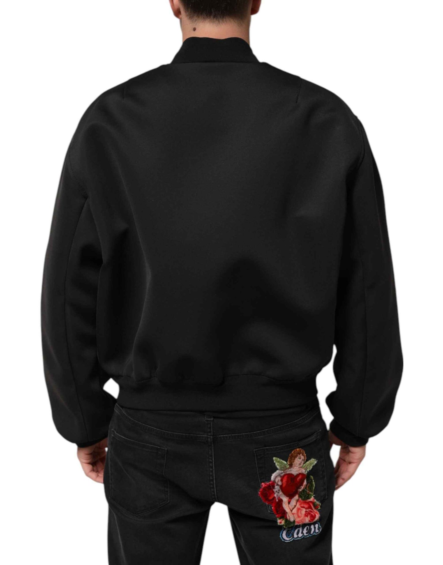 Dolce & Gabbana Black Polyester Logo Plaque Bomber Jacket by Dolce & Gabbana