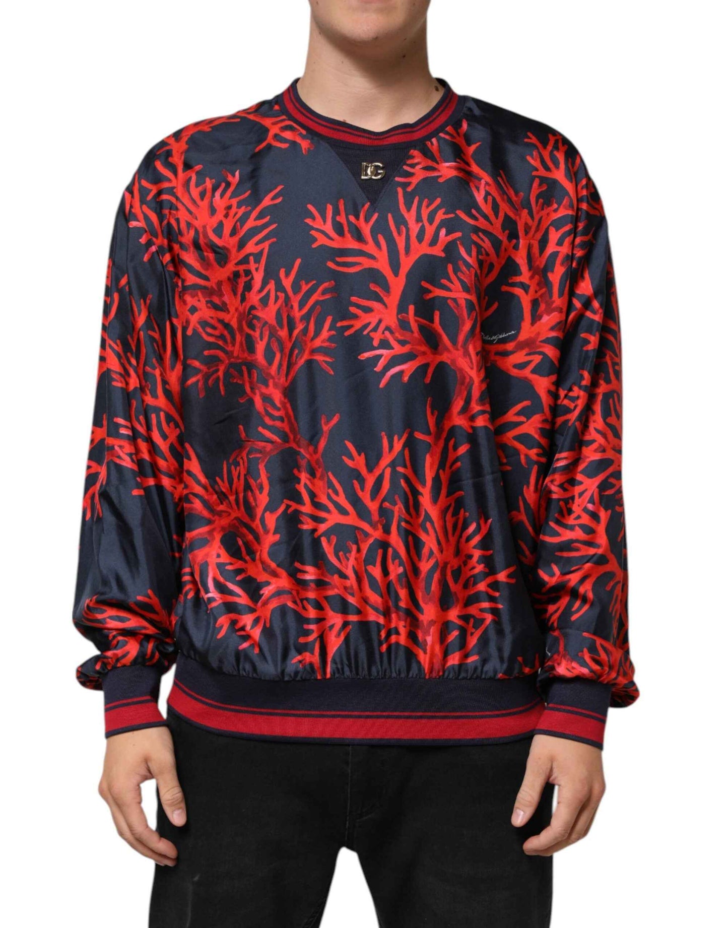 Dolce & Gabbana Silk Navy Red Coral Print Pullover Sweater by Dolce & Gabbana