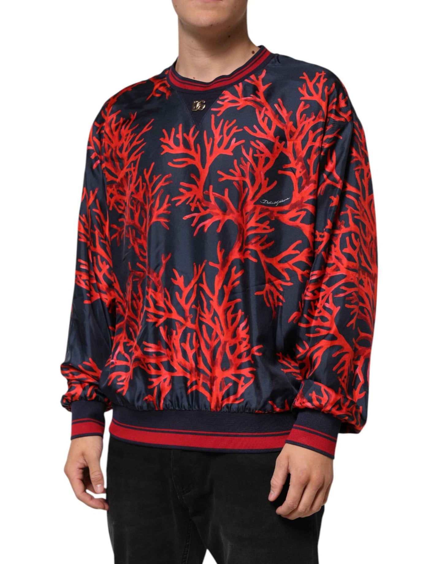 Dolce & Gabbana Silk Navy Red Coral Print Pullover Sweater by Dolce & Gabbana