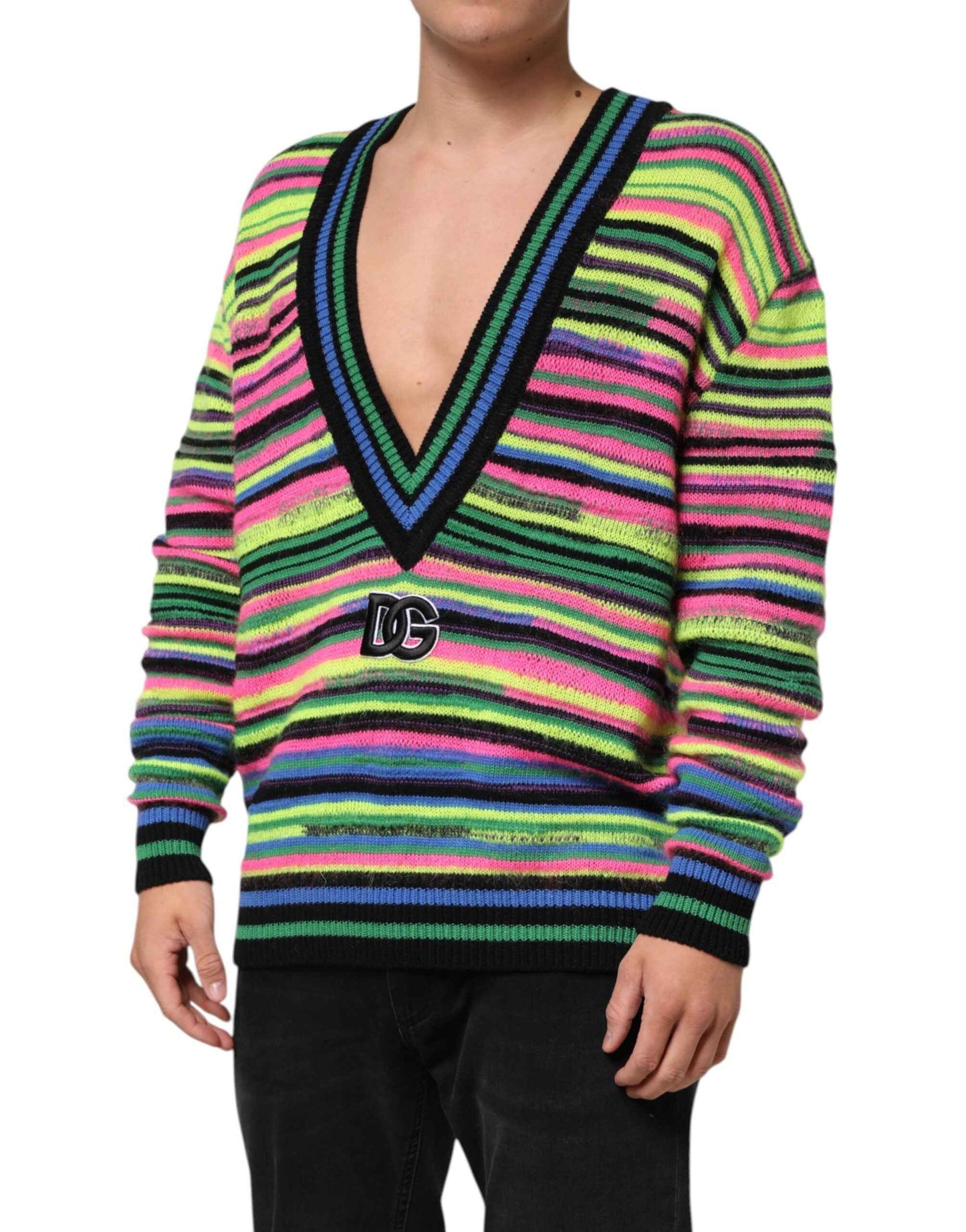 Dolce & Gabbana Multicolor DG Logo V-Neck Knit Pullover Sweater by Dolce & Gabbana