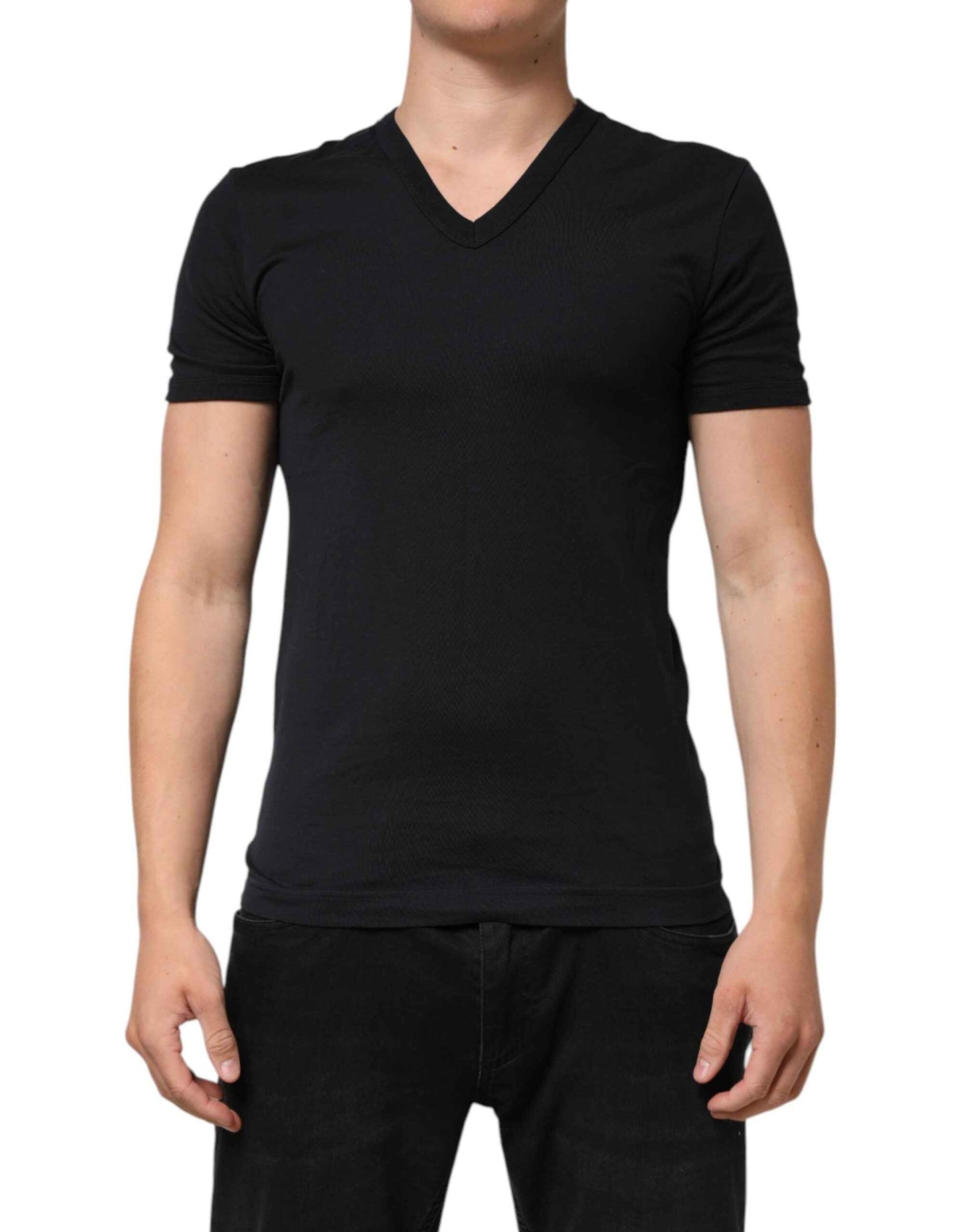 Dolce & Gabbana Black Cotton Plain V-Neck Men Shirt T-shirt by Dolce & Gabbana