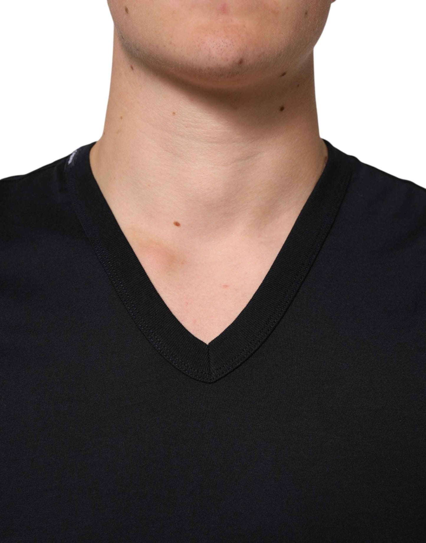 Dolce & Gabbana Black Cotton Plain V-Neck Men Shirt T-shirt by Dolce & Gabbana