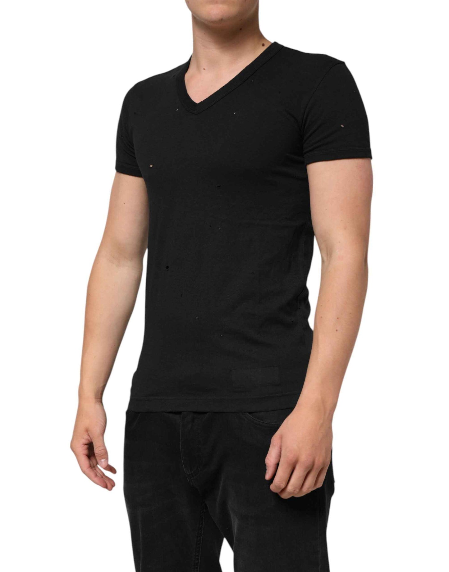 Dolce & Gabbana Black Cotton Tattered Logo V-Neck Men T-shirt by Dolce & Gabbana