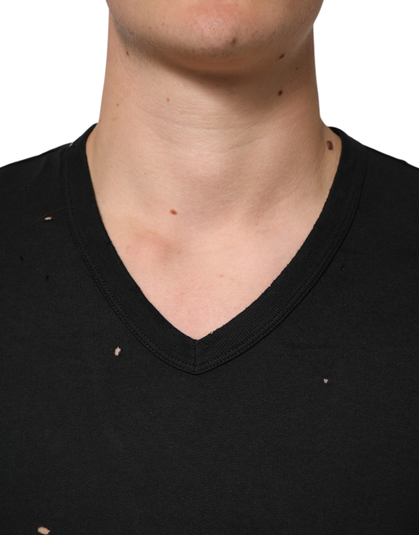 Dolce & Gabbana Black Cotton Tattered Logo V-Neck Men T-shirt - from Dolce & Gabbana