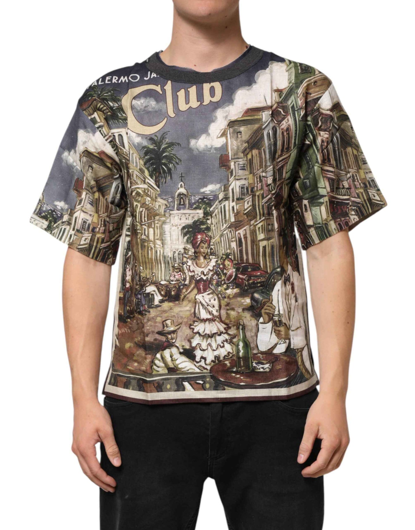 Dolce & Gabbana Palermo Jazz Club Linen Crew Neck Men T-shirt by Dolce & Gabbana