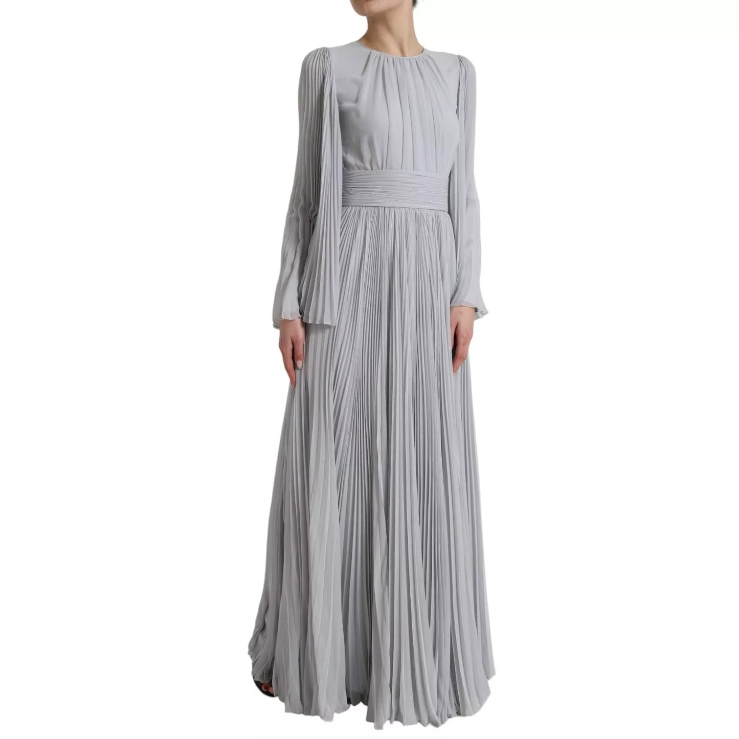 Dolce & Gabbana Light Gray Polyester Pleated Long Maxi Dress