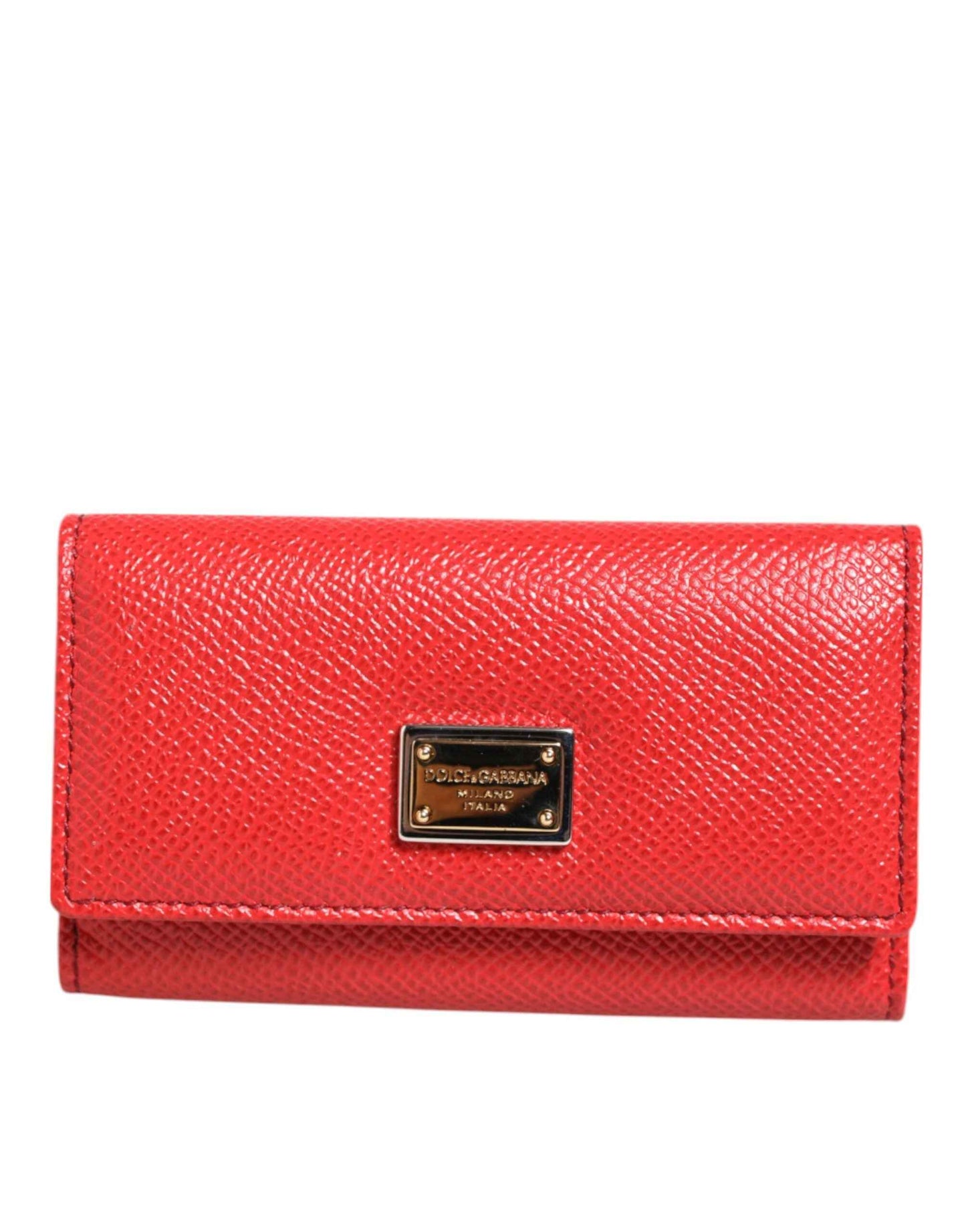 Dolce & Gabbana Red Leather Silver Metal Logo Plaque Trifold Key Holder by Dolce & Gabbana