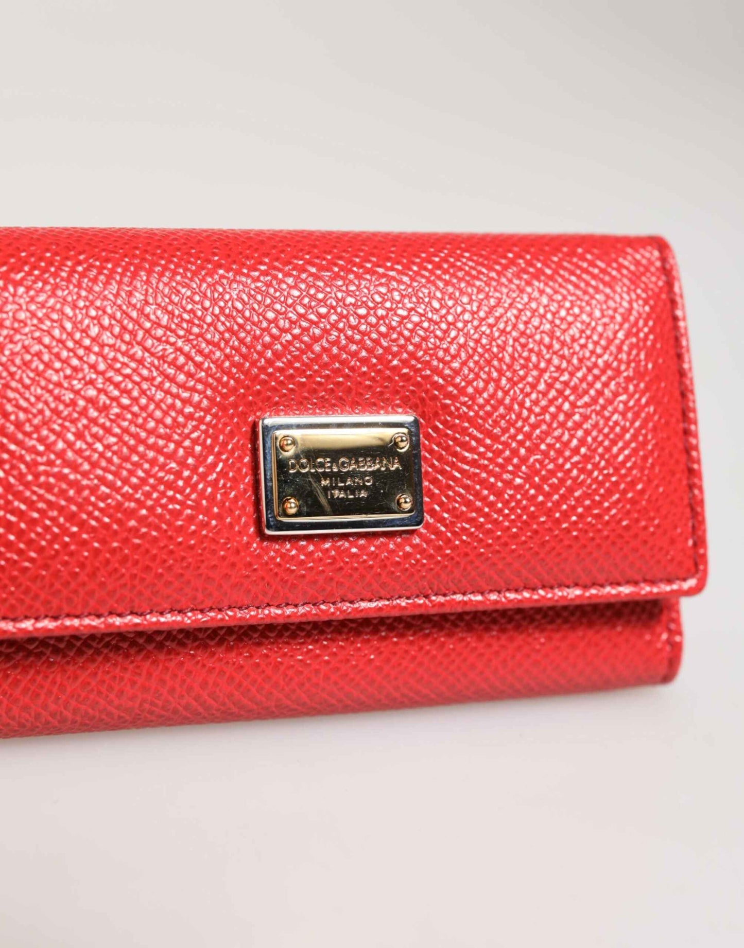 Dolce & Gabbana Red Leather Silver Metal Logo Plaque Trifold Key Holder by Dolce & Gabbana