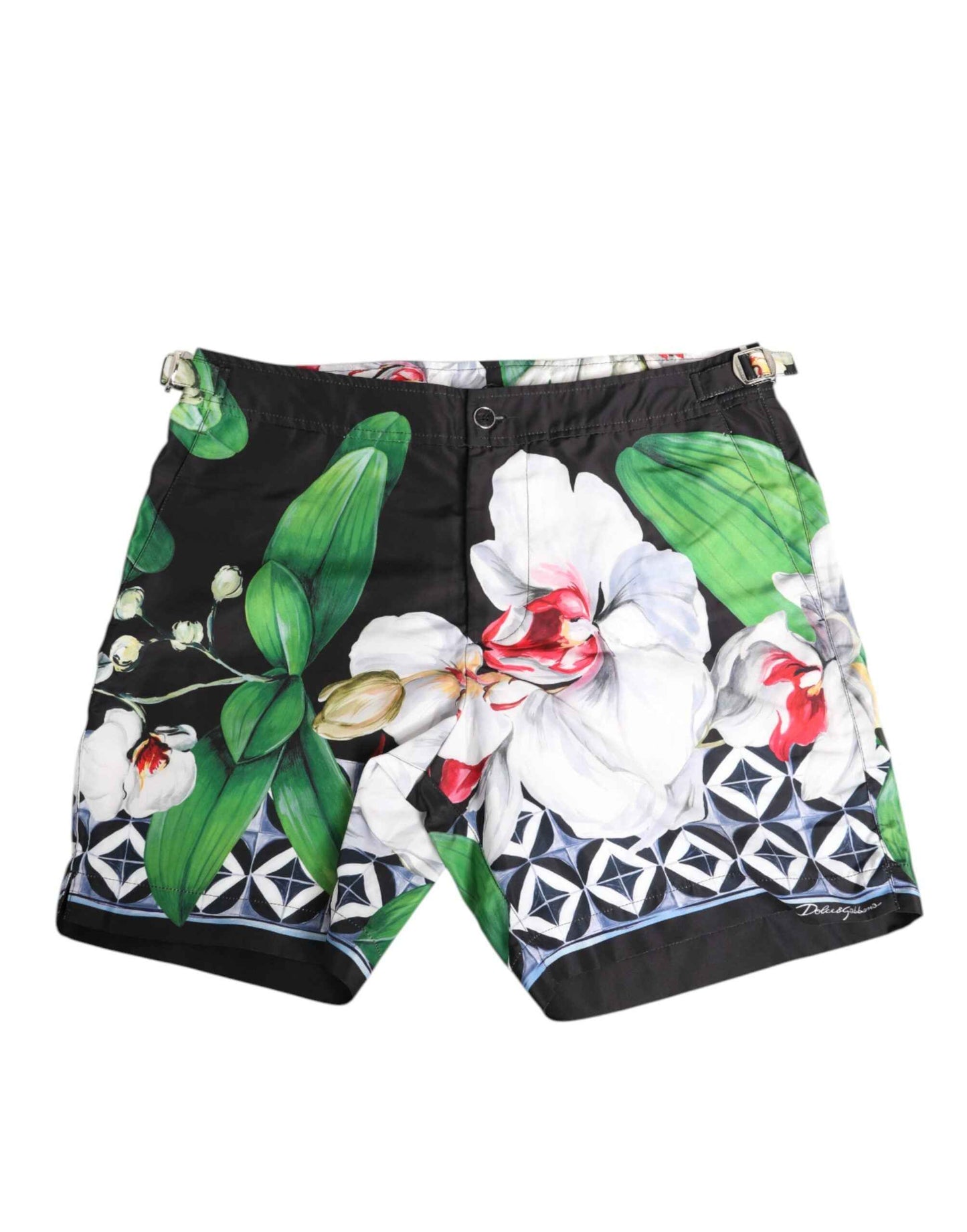Dolce & Gabbana Black White Polyester Floral Orchid Print Shorts by Dolce & Gabbana