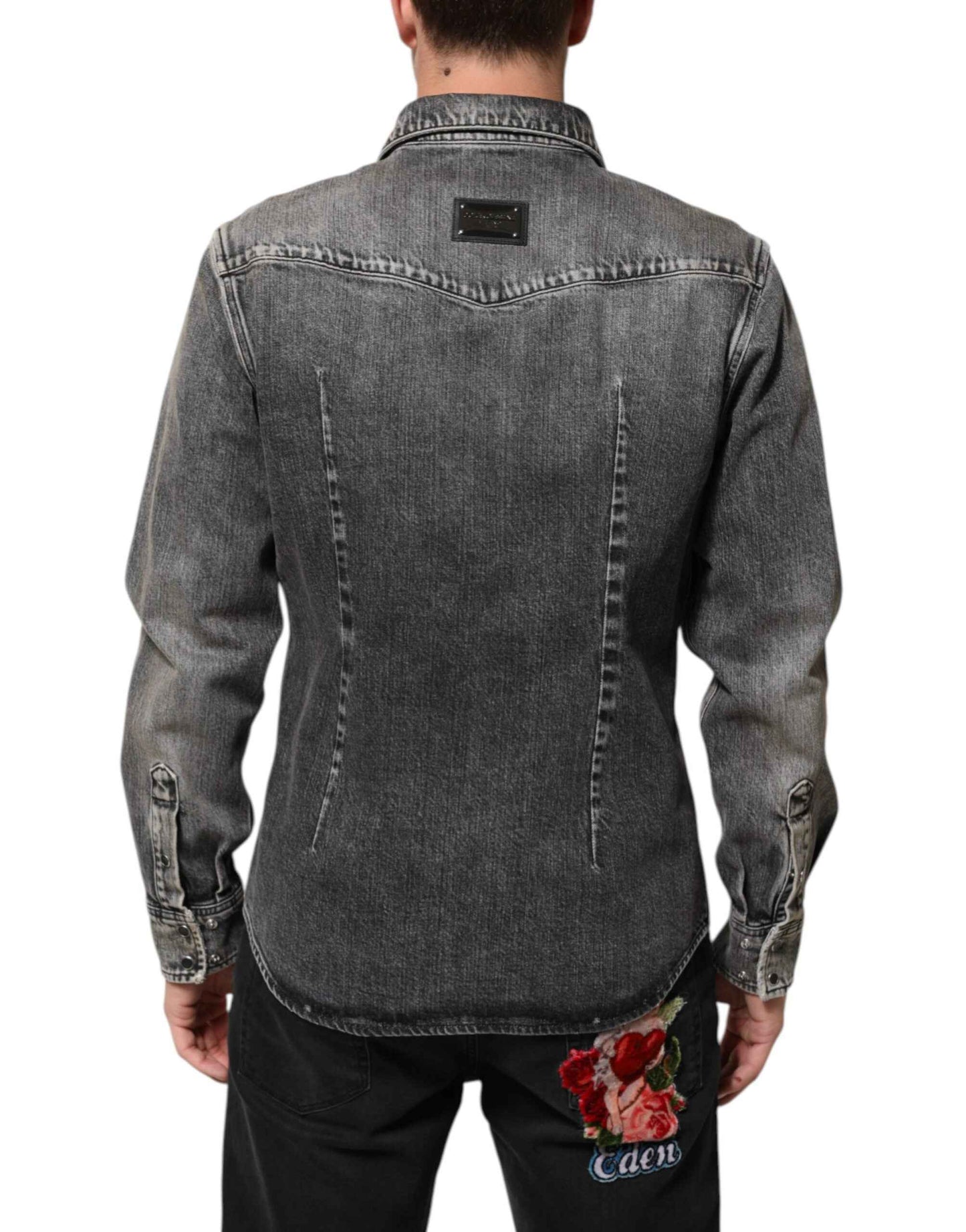 Dolce & Gabbana Black Washed Cotton Snap Long Sleeve Casual Shirt by Dolce & Gabbana
