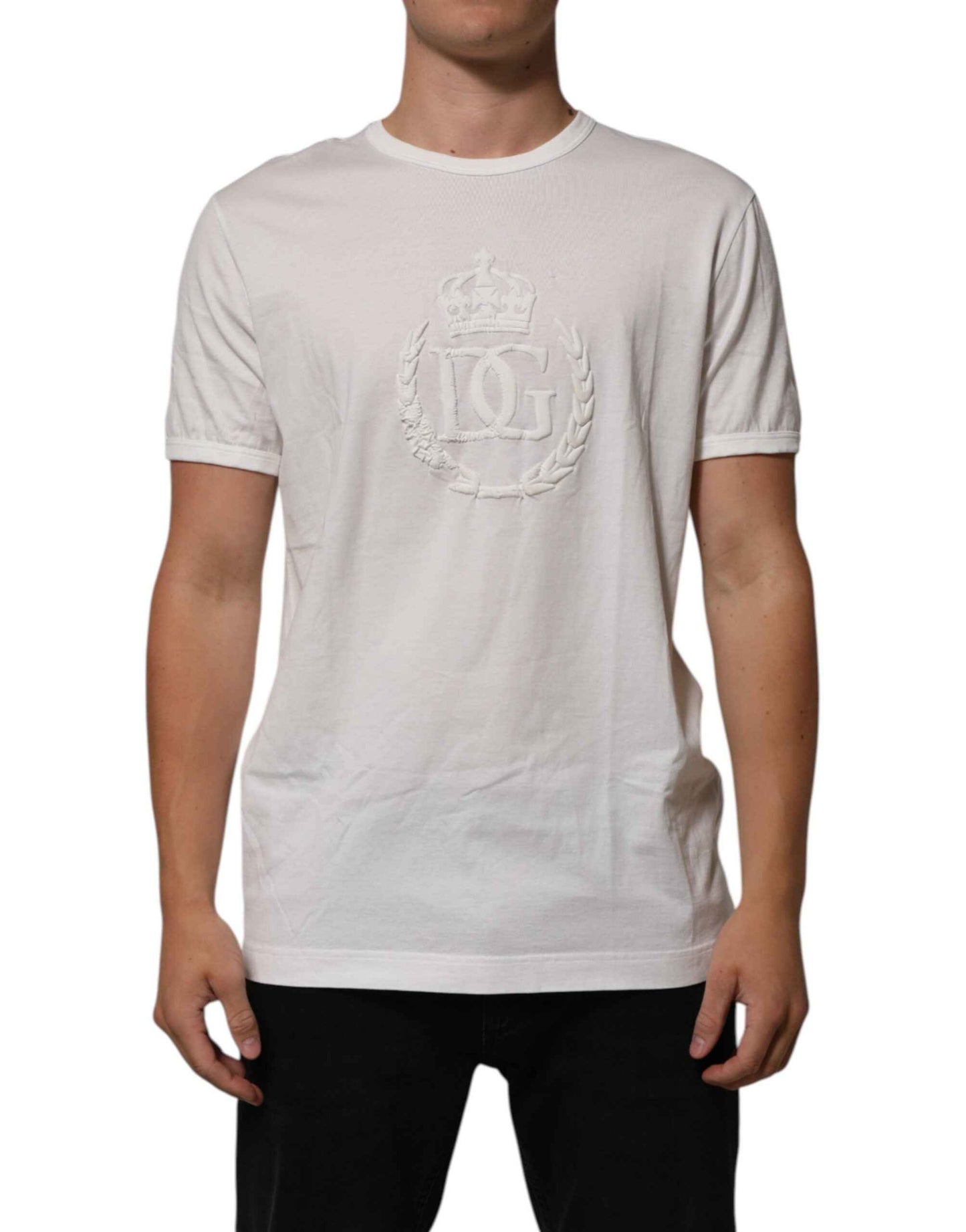 Dolce & Gabbana White Cotton DG Crown Embossed Men T-shirt by Dolce & Gabbana