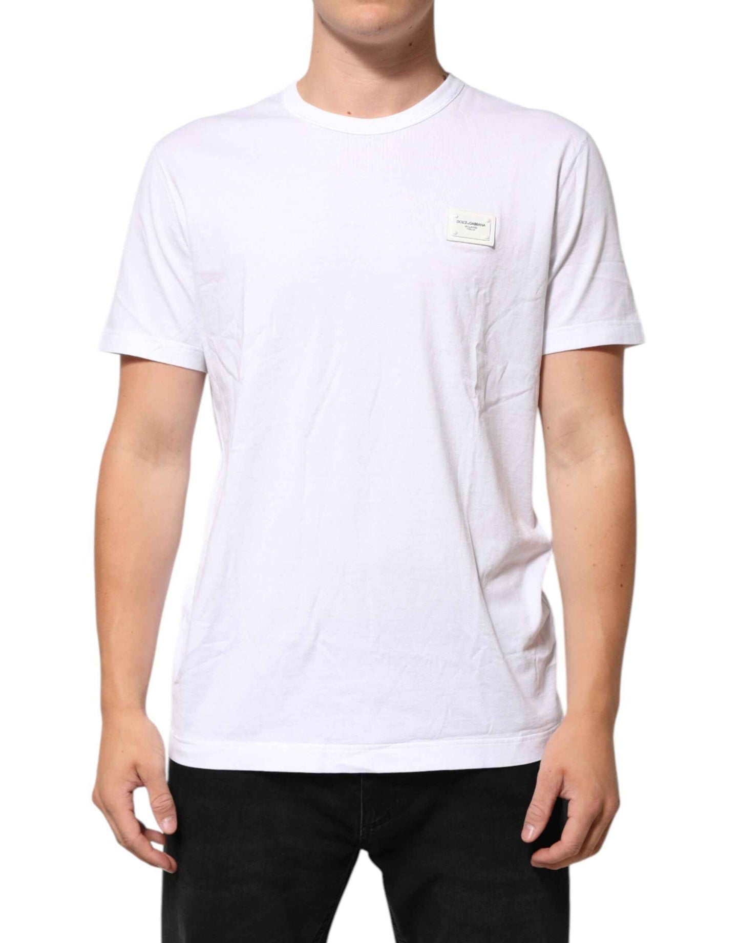 Dolce & Gabbana White Logo Plaque Cotton Crew Neck T-shirt by Dolce & Gabbana
