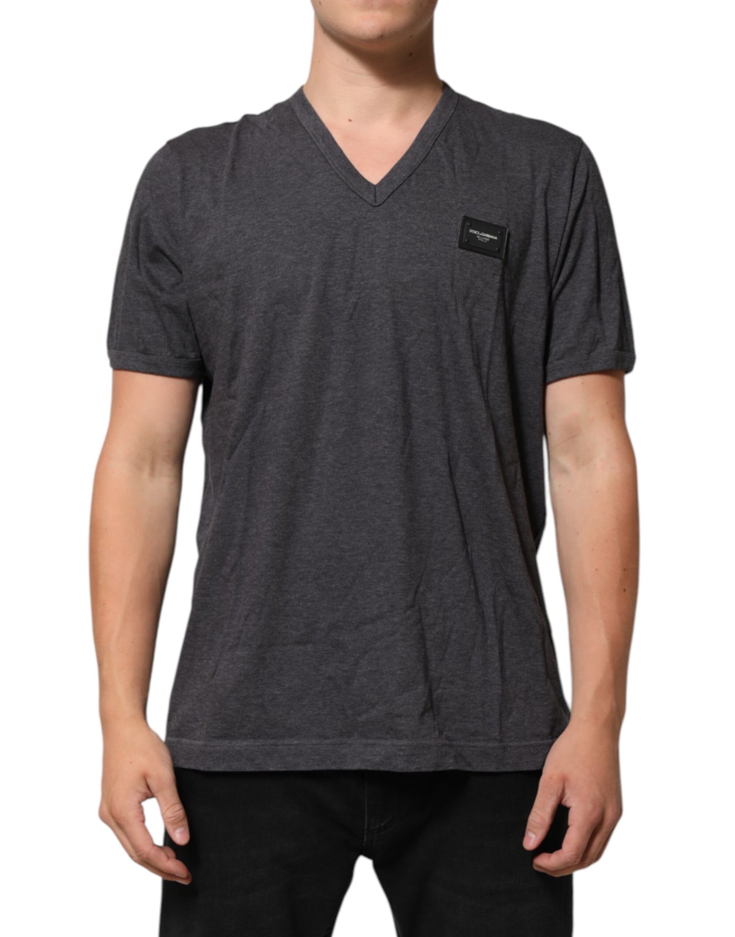 Dolce & Gabbana Grey Cotton V-Neck Logo Plaque Melange T-Shirt - from Dolce & Gabbana