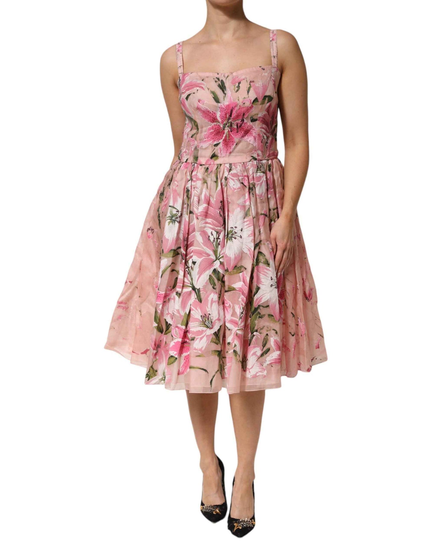 Dolce & Gabbana Pink Cotton Floral Pleated Sleeveless Dress by Dolce & Gabbana