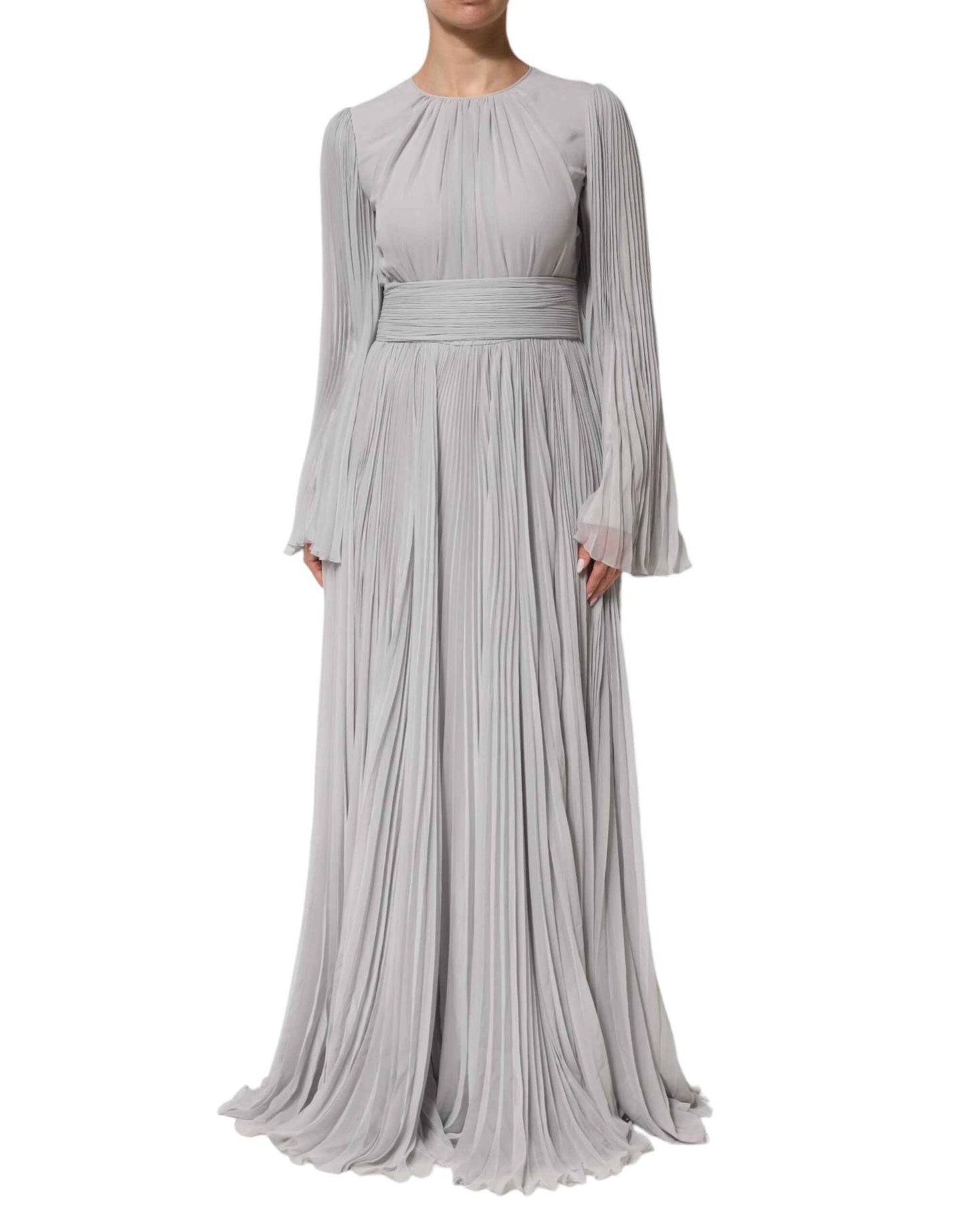 Dolce & Gabbana Grey Pleated Maxi Long Sleeve Silk Blend Gown Dress by Dolce & Gabbana
