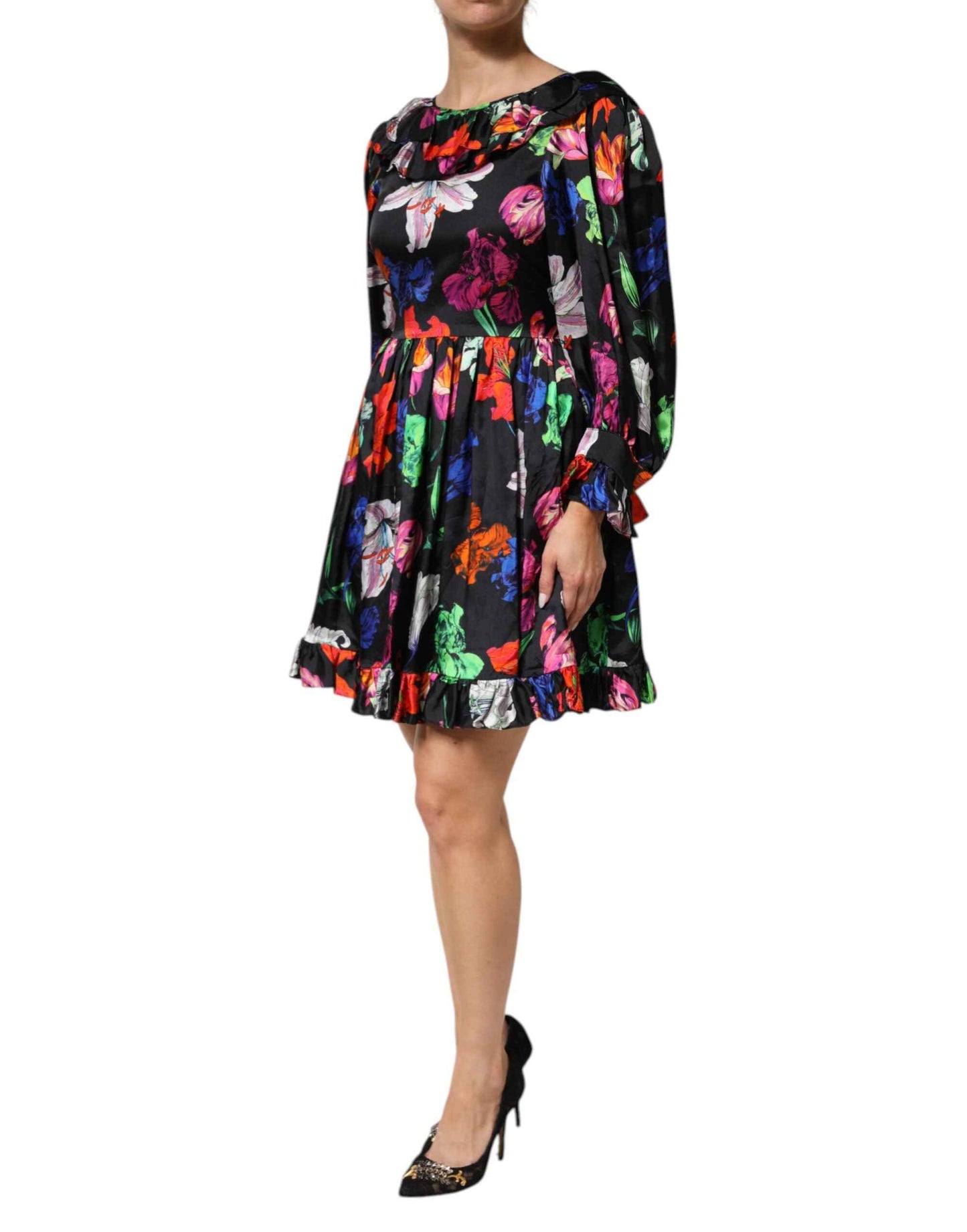 MSGM Dress Black Multicolor Floral Ruffle Long Sleeve Mini Dress by MSGM