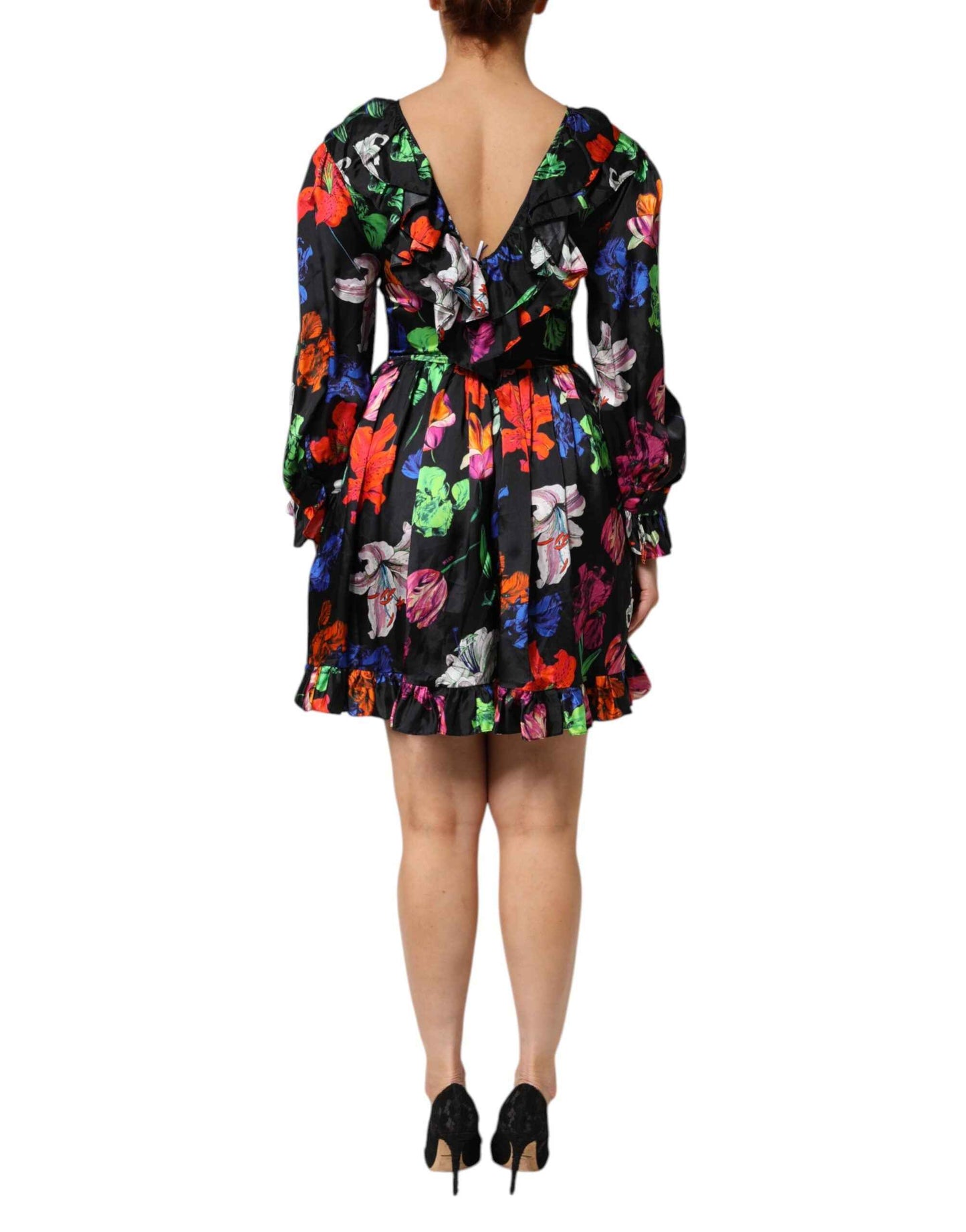 MSGM Dress Black Multicolor Floral Ruffle Long Sleeve Mini Dress by MSGM