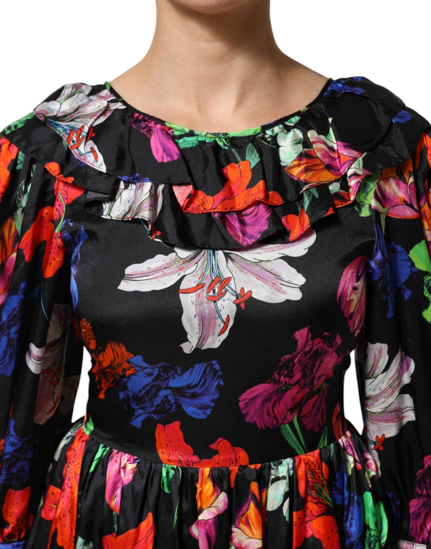MSGM Dress Black Multicolor Floral Ruffle Long Sleeve Mini Dress by MSGM