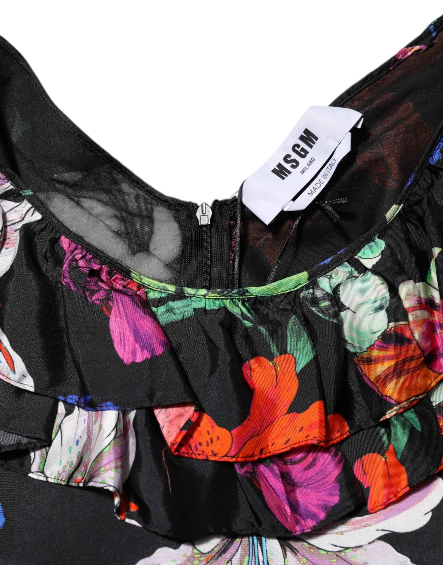 MSGM Dress Black Multicolor Floral Ruffle Long Sleeve Mini Dress by MSGM