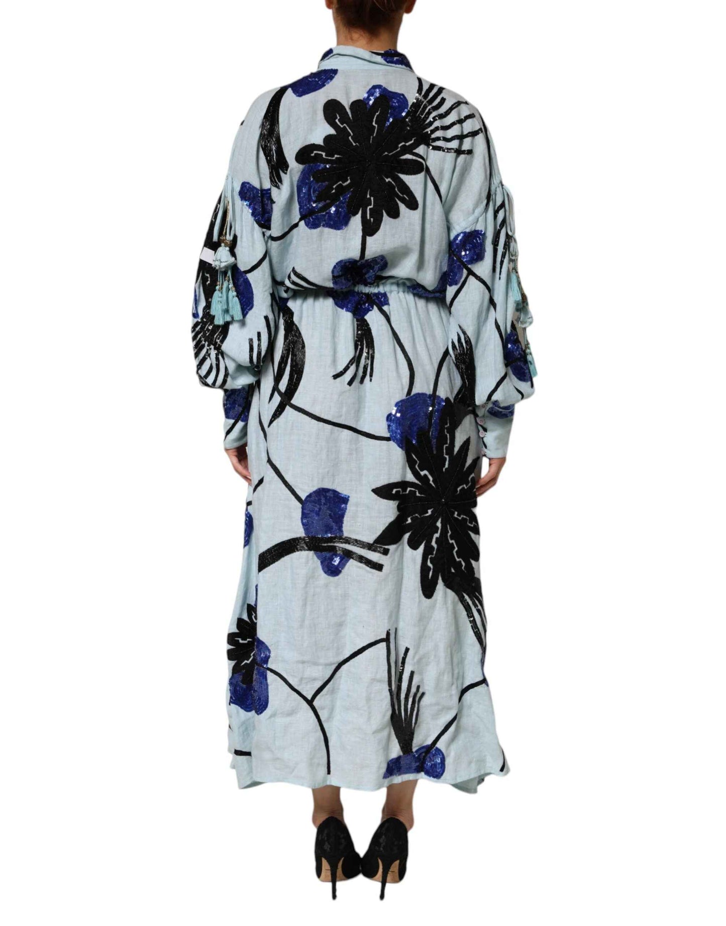 Christian Pellizzari Blue Sequin Embellished Shirt Maxi Dress by Christian Pellizzari