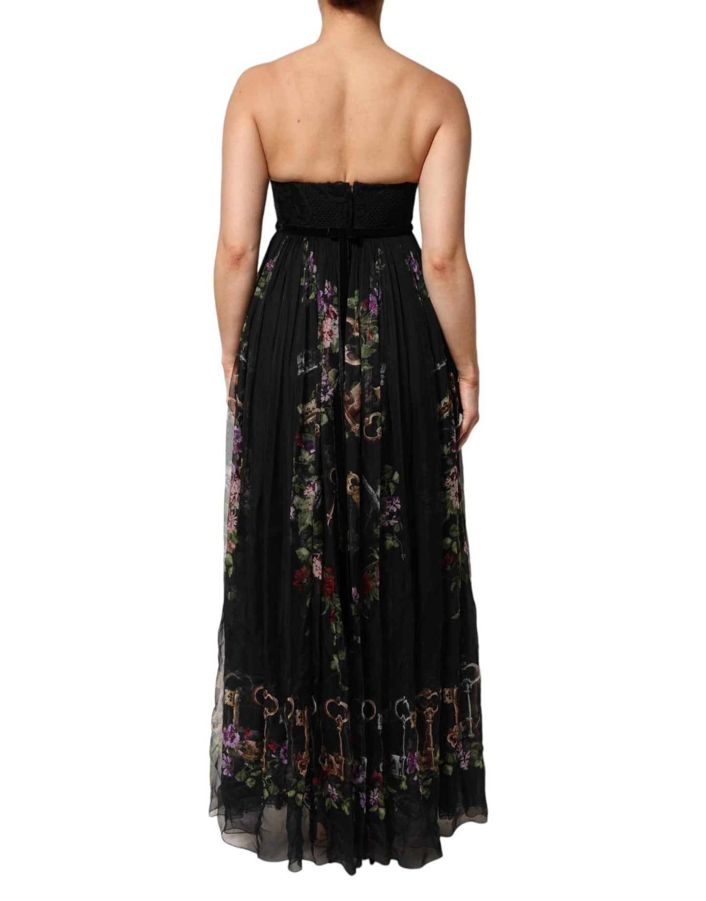 Dolce & Gabbana Black Floral Key Print Crystal Strapless Dress by Dolce & Gabbana