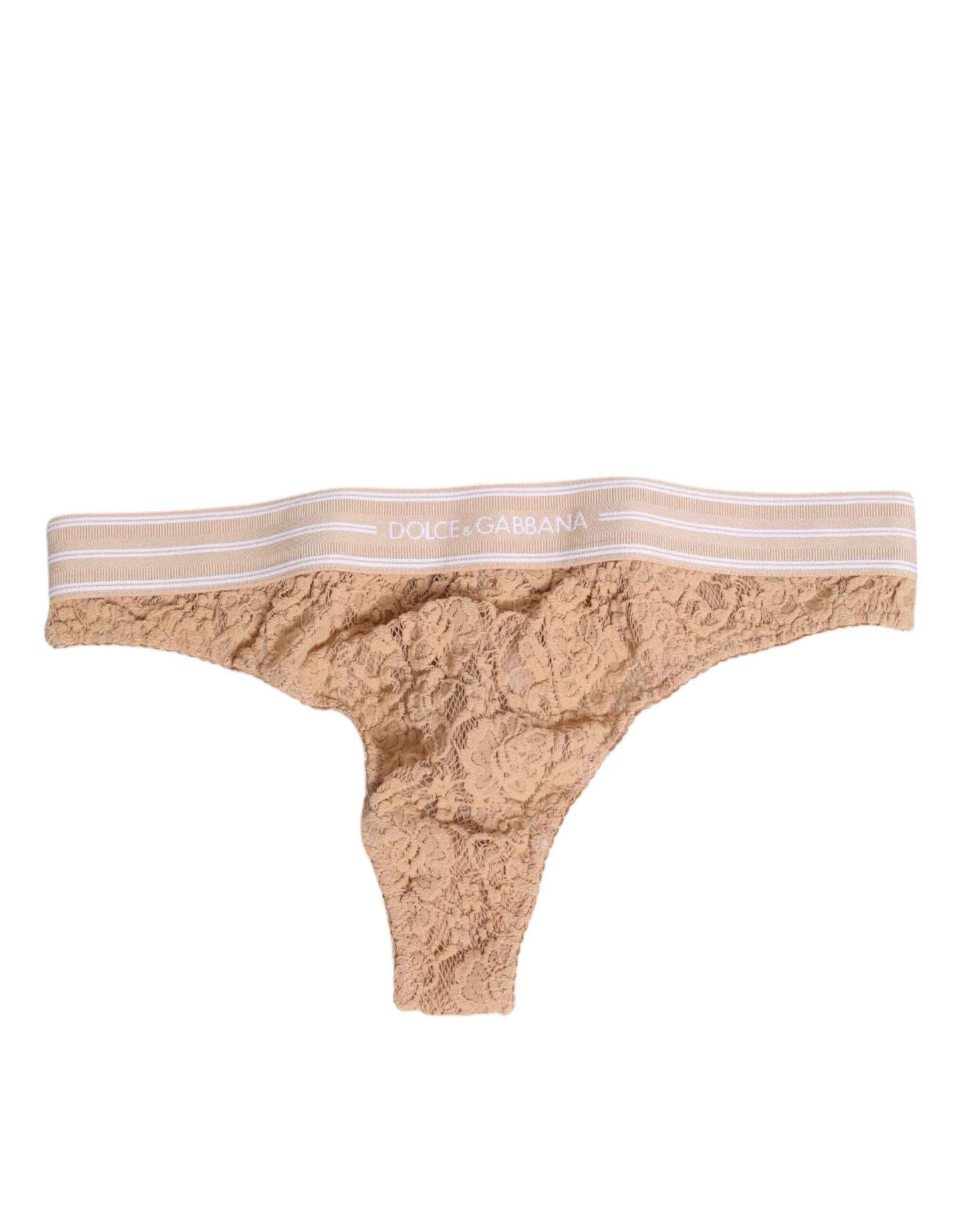 Dolce & Gabbana Beige Lace Logo Elastic Waist Thong Tanga Underwear by Dolce & Gabbana