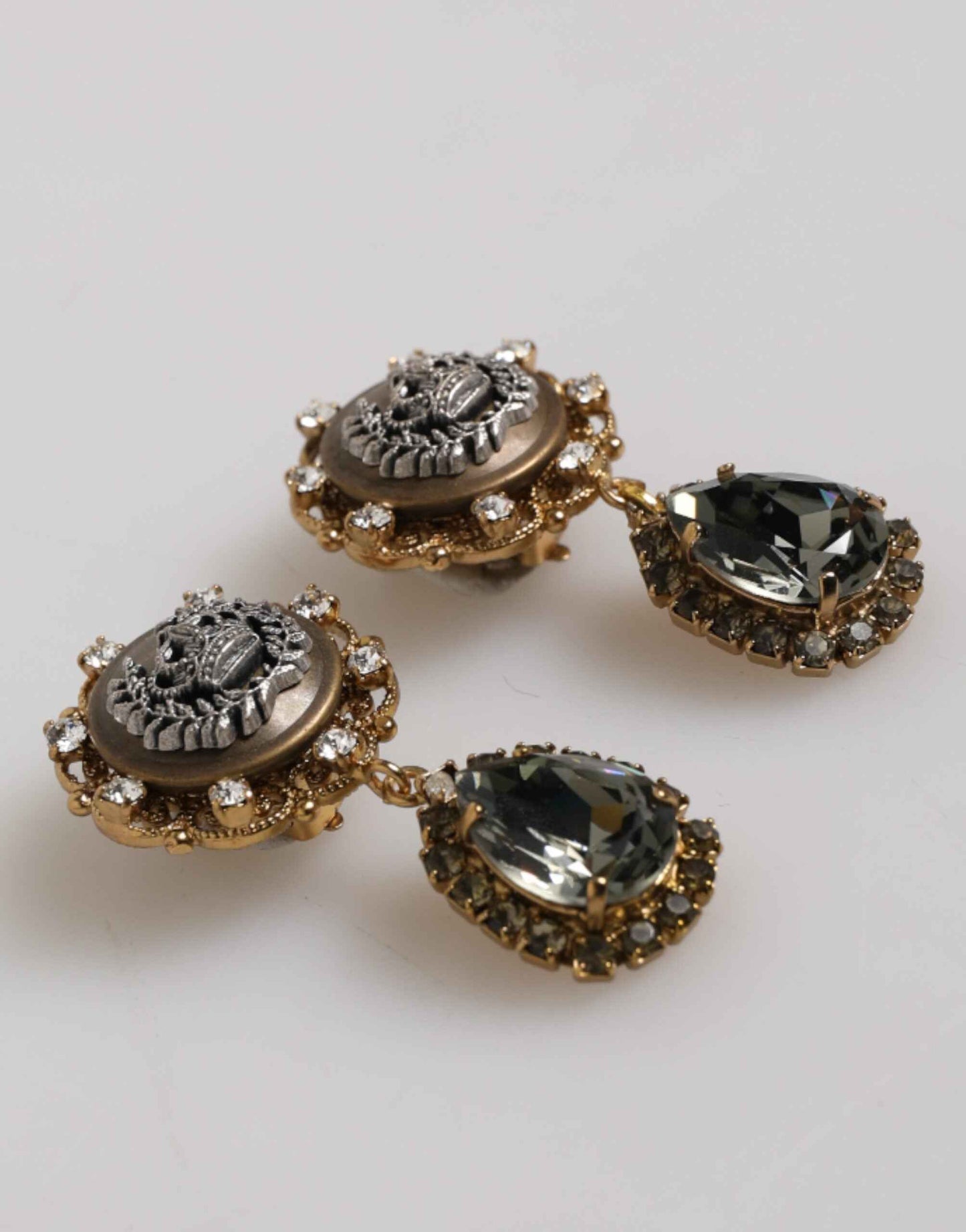 Dolce & Gabbana Gold Brass Crown Medallion Black Crystal Drop Clip On Earrings by Dolce & Gabbana
