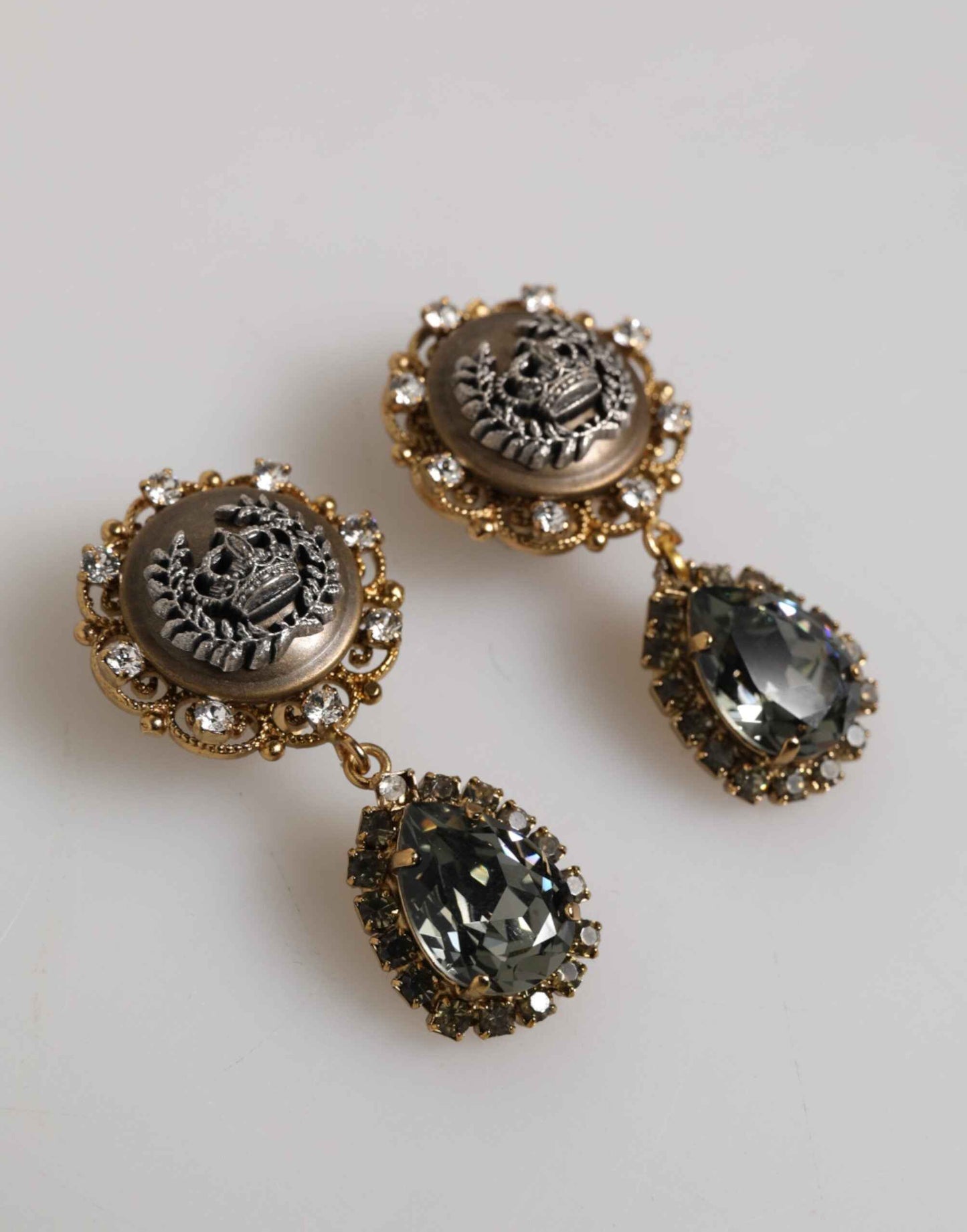 Dolce & Gabbana Gold Brass Crown Medallion Black Crystal Drop Clip On Earrings by Dolce & Gabbana